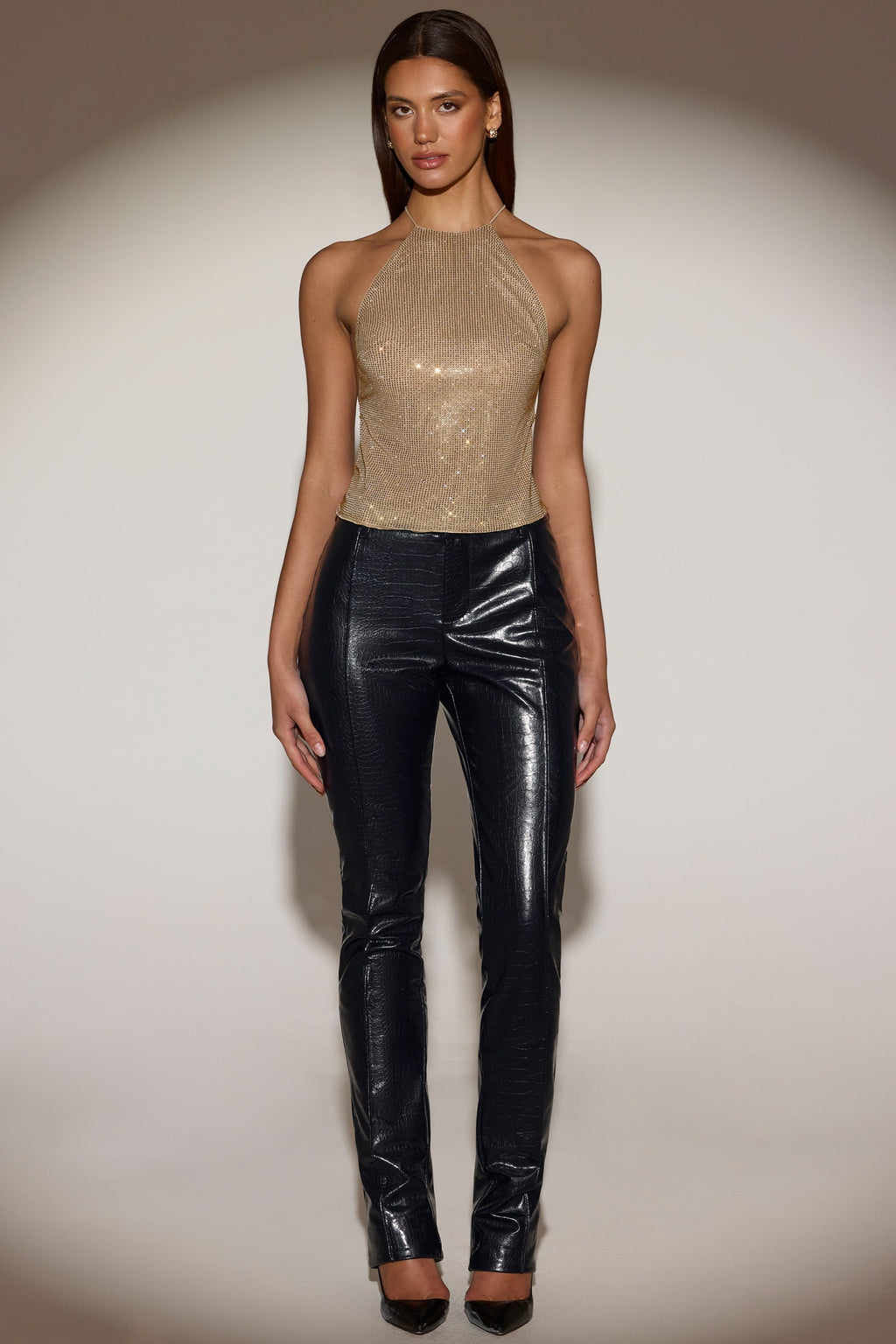 Embellished Backless Halterneck Top in Gold