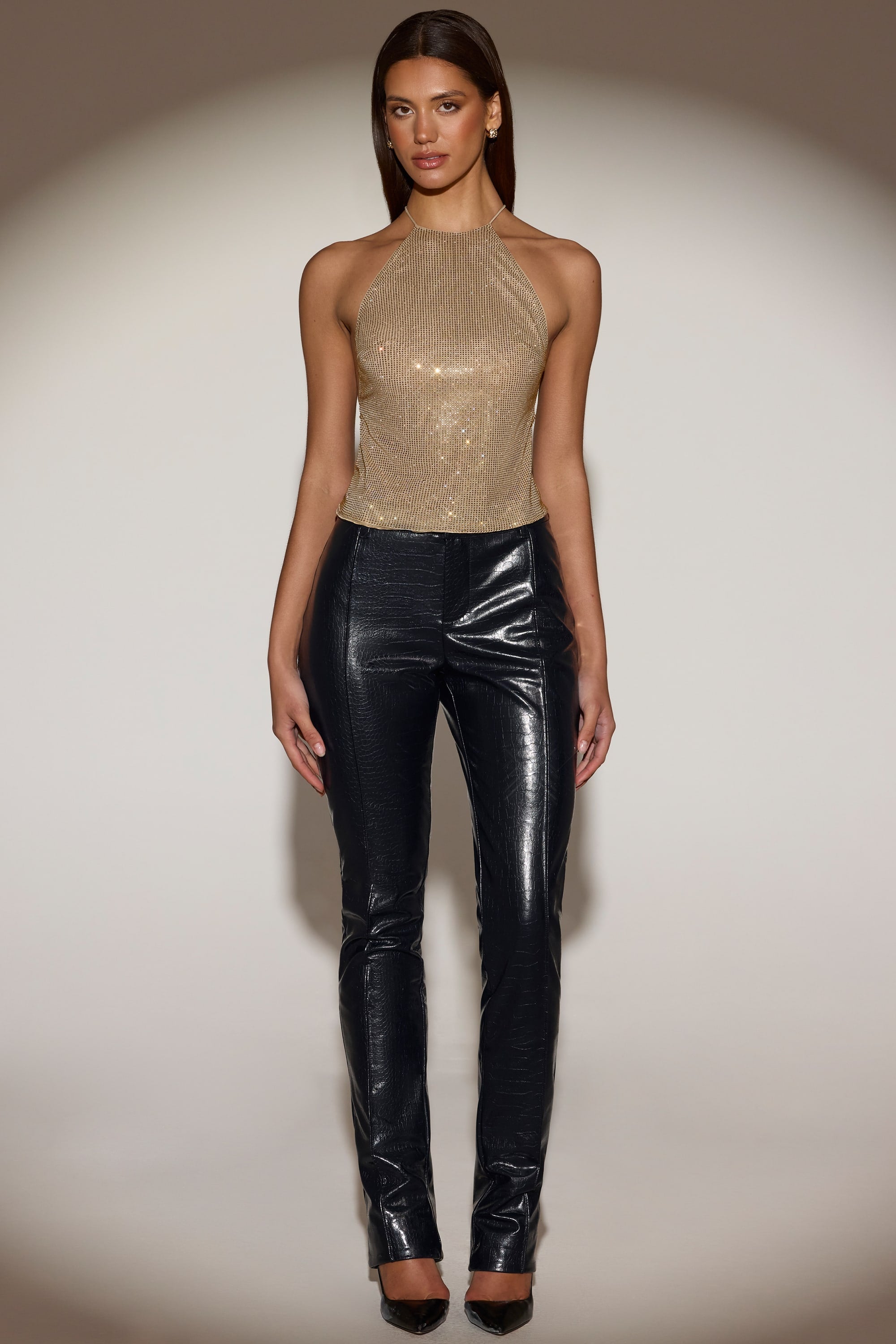 Embellished Backless Halterneck Top in Gold