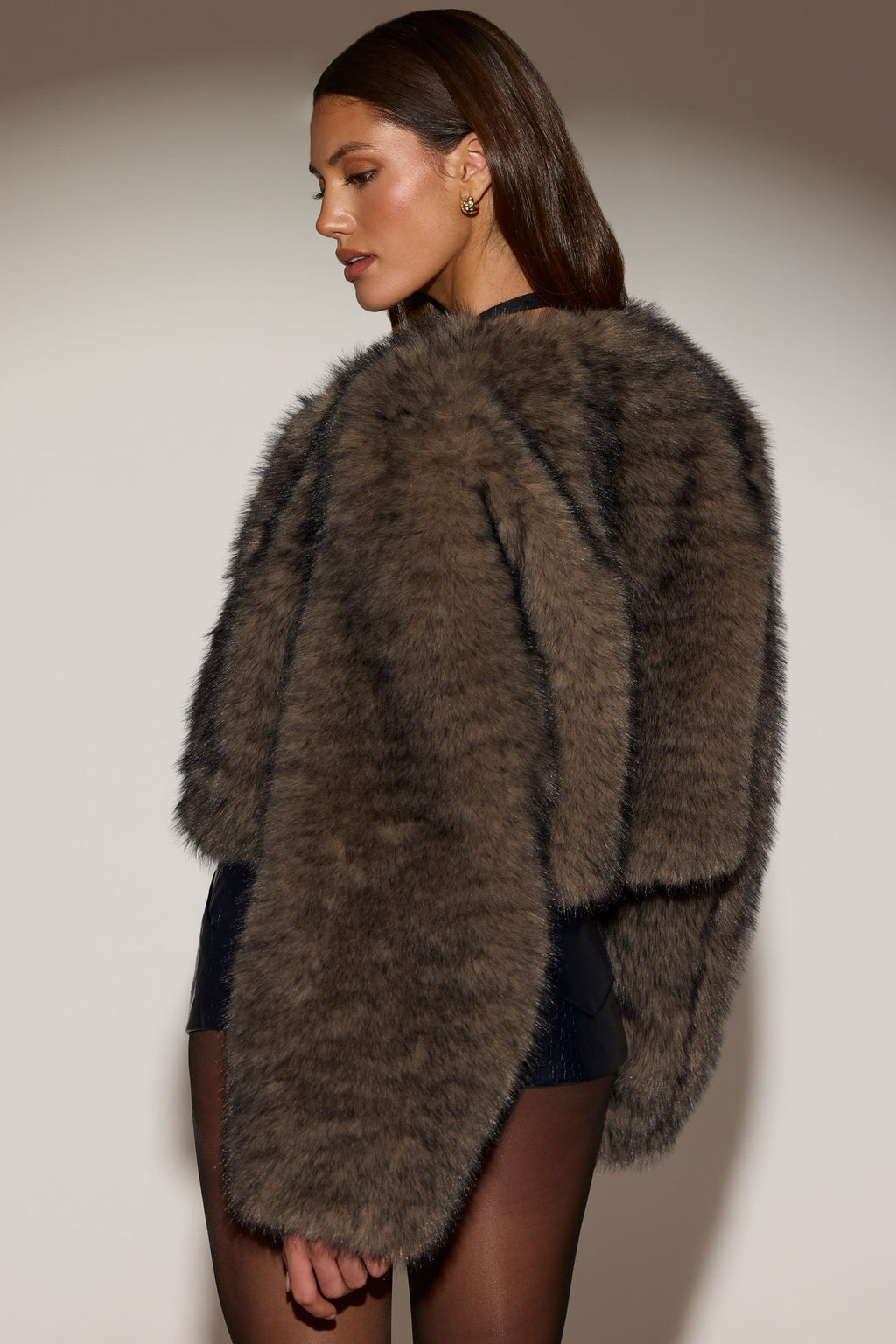 Cropped Faux-Fur Jacket in Chocolate Brown