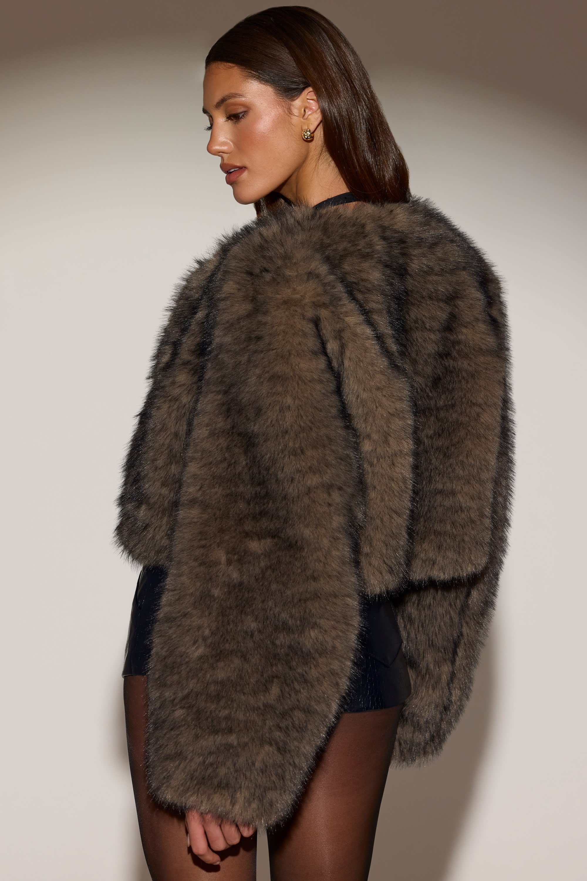 Cropped Faux-Fur Jacket in Chocolate Brown
