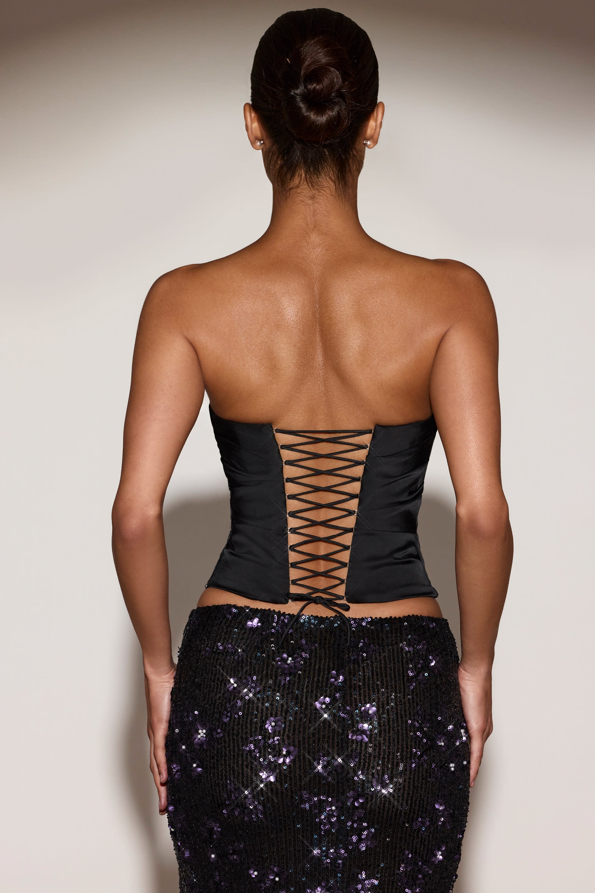 Draped Lace-Up Corset Top in Black Purple
