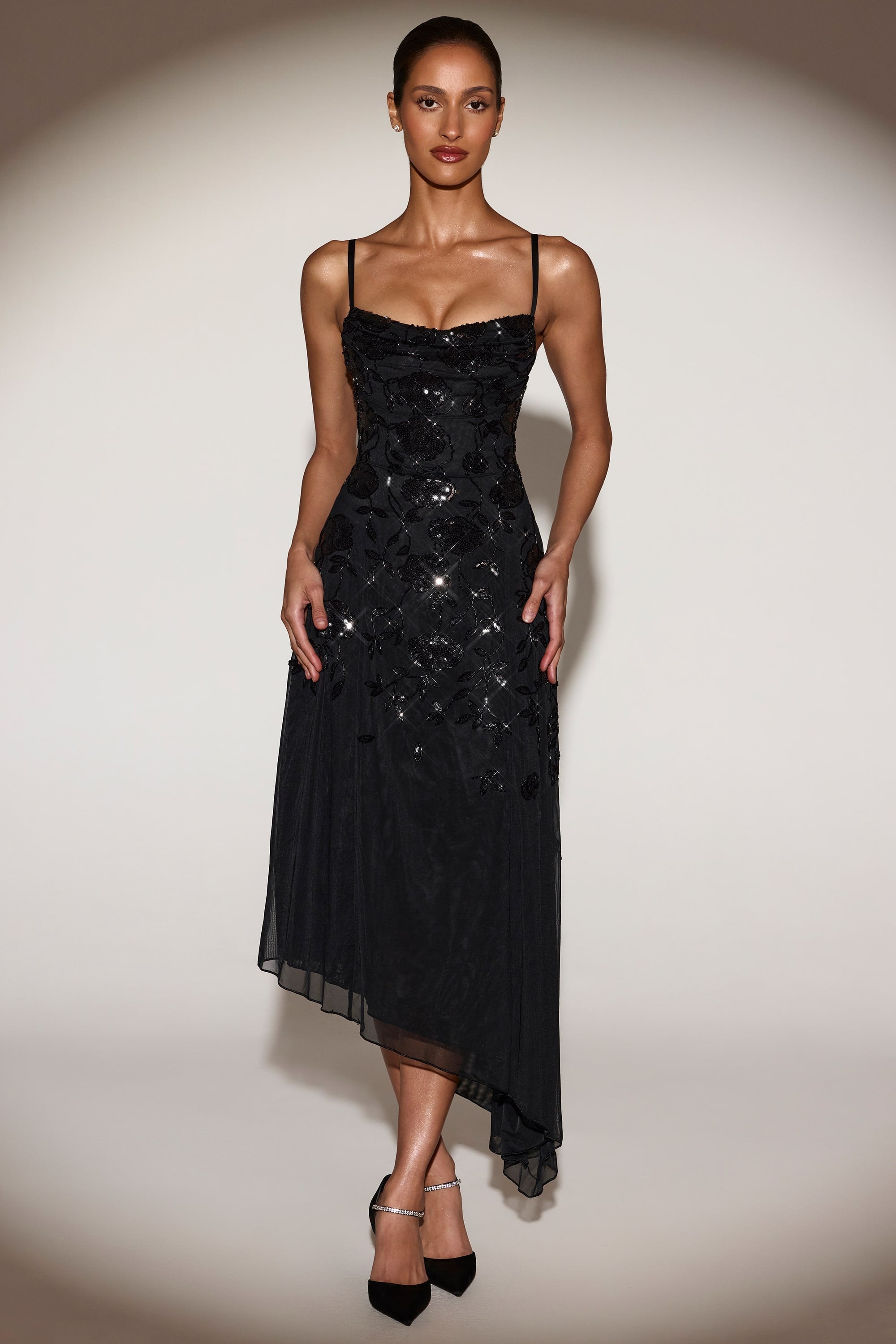 Embellished Asymmetric Midaxi Dress in Black
