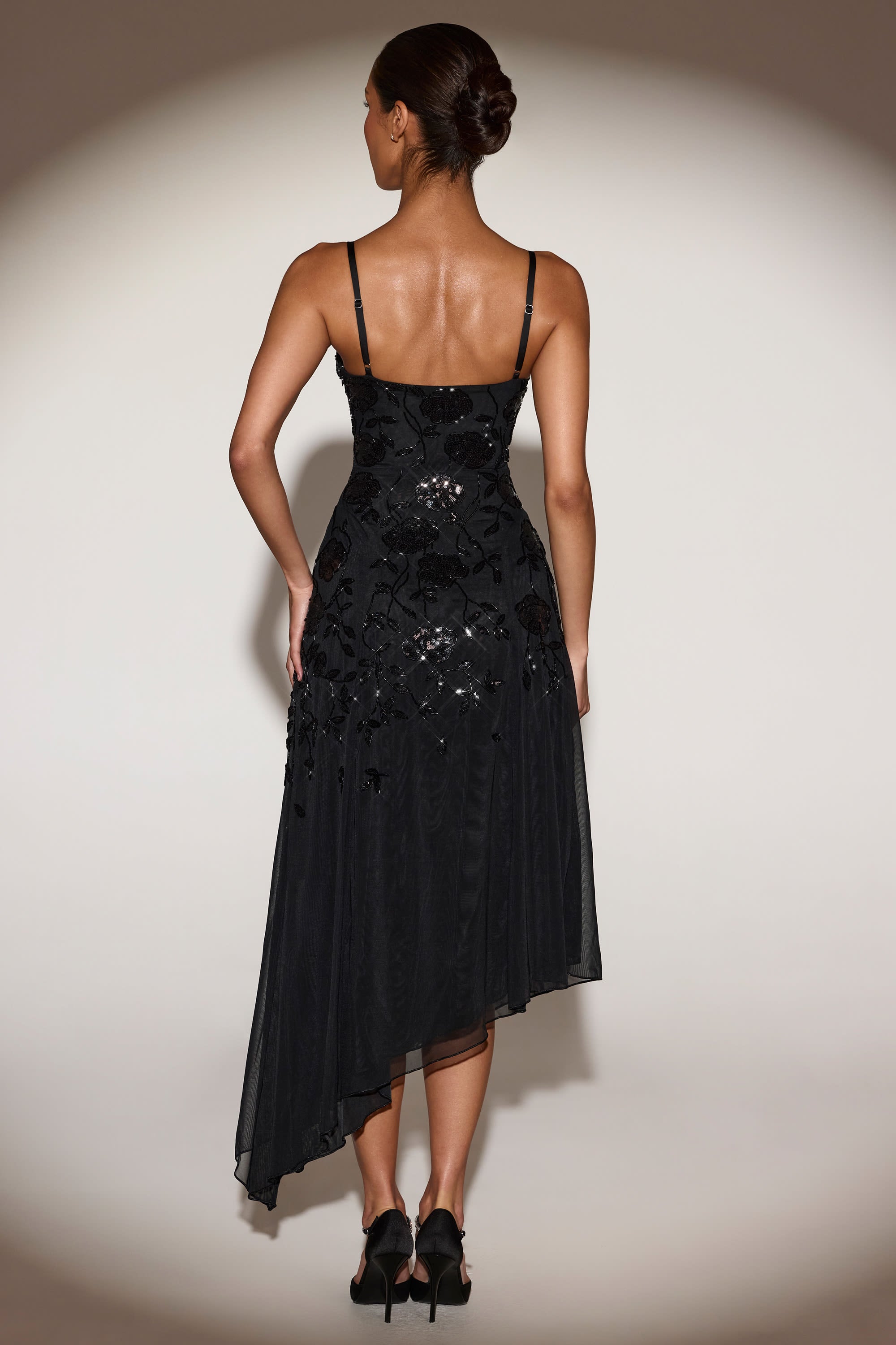 Embellished Asymmetric Midaxi Dress in Black