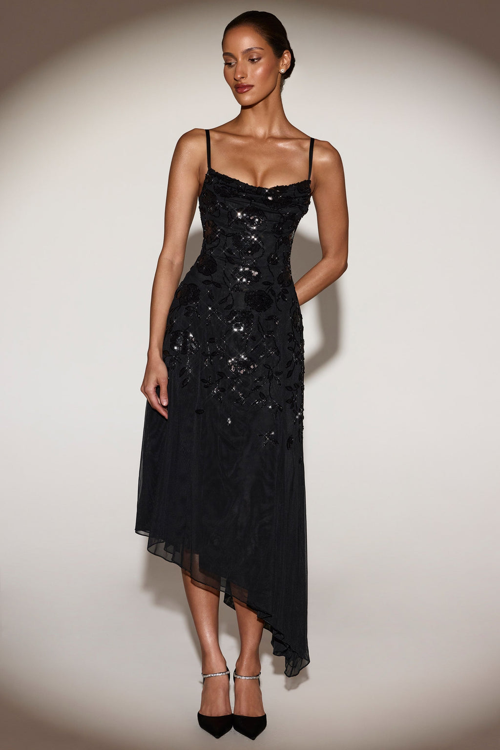 Embellished Asymmetric Midaxi Dress in Black
