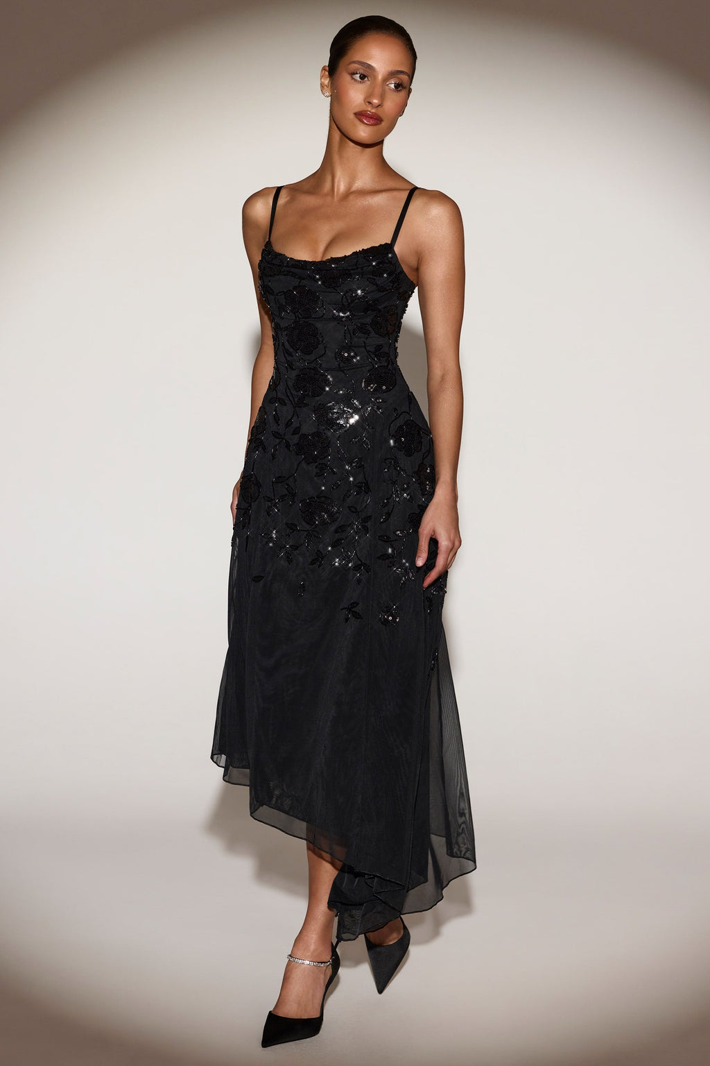 Embellished Asymmetric Midaxi Dress in Black
