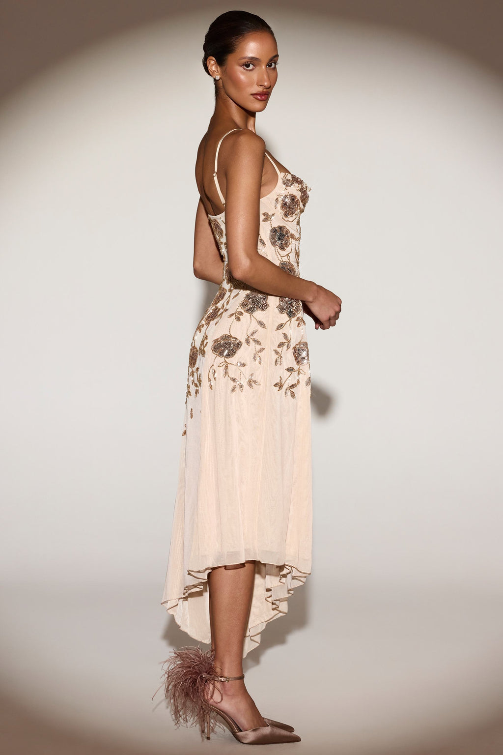 Embellished Asymmetric Midaxi Dress in Gold
