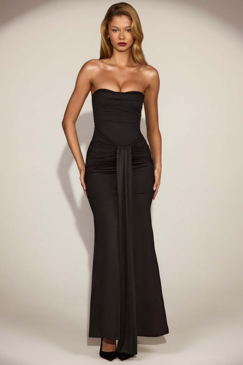 Draped Bandeau Peekaboo Gown in Black