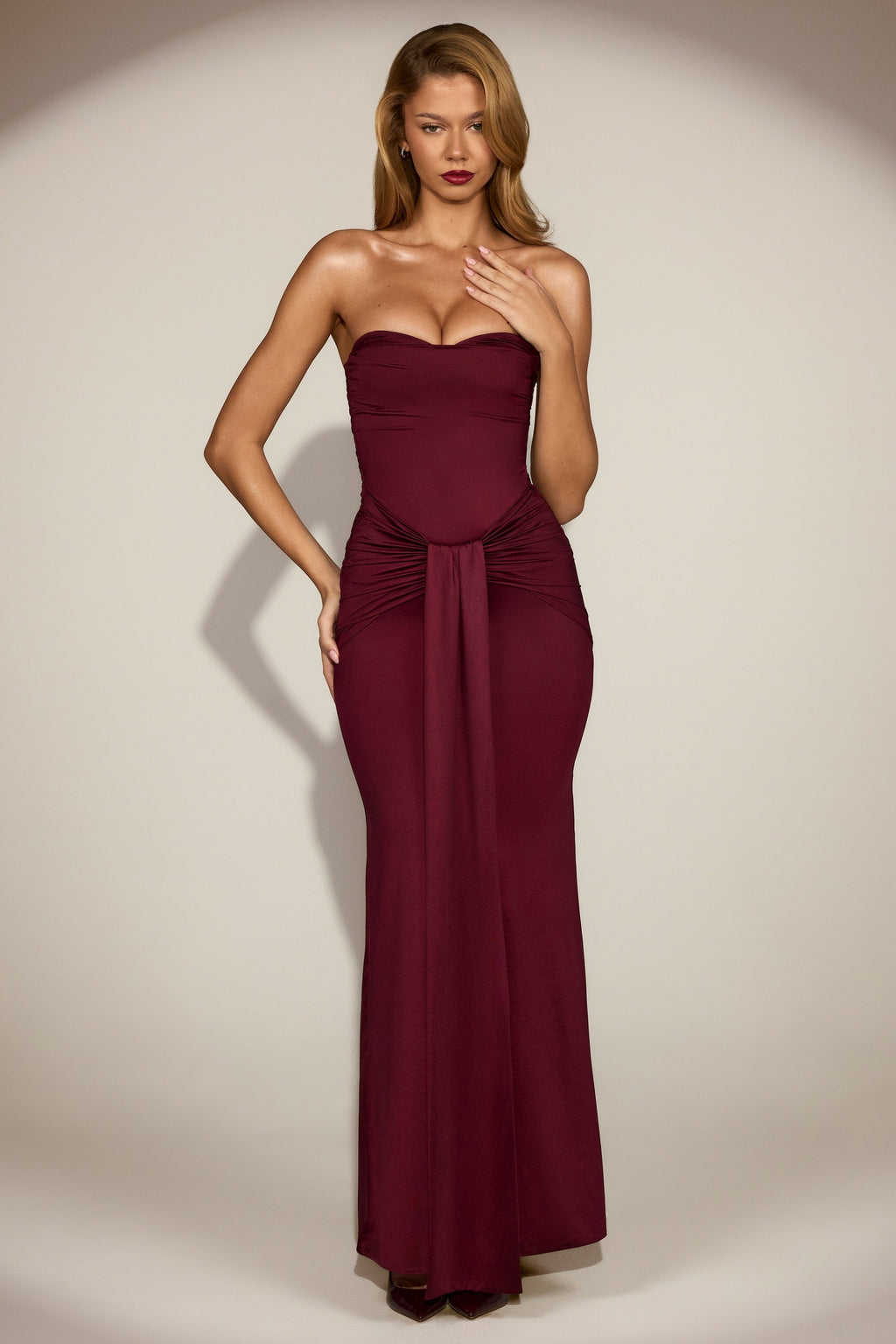 Draped Bandeau Peekaboo Gown in Wine Red