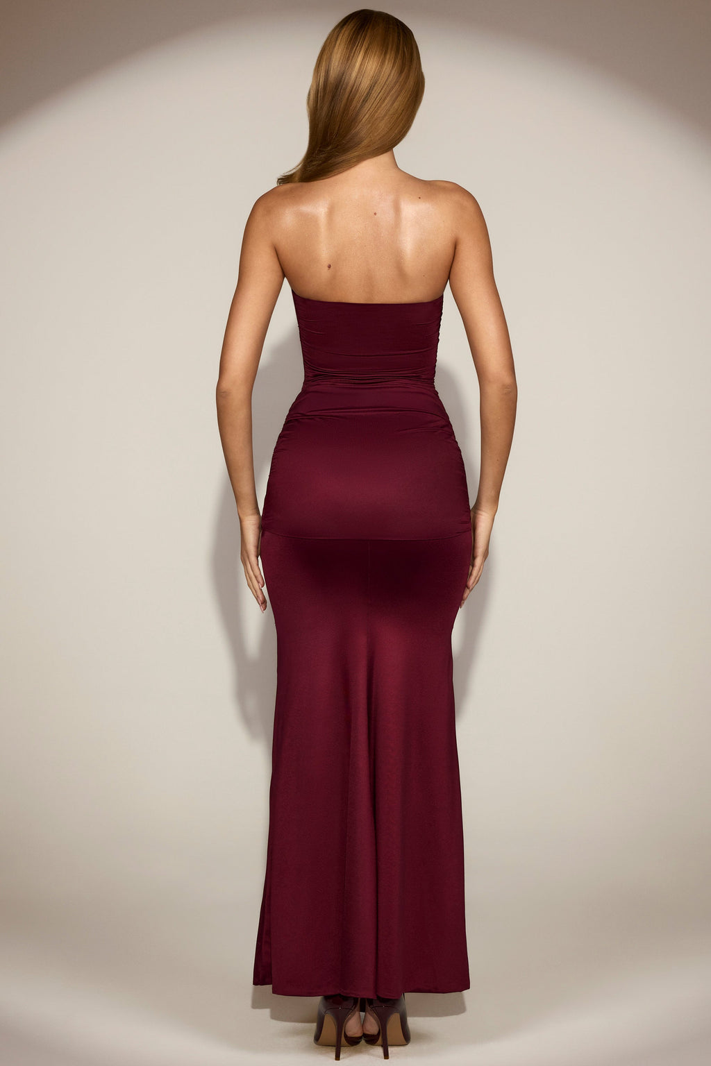 Draped Bandeau Peekaboo Gown in Wine Red