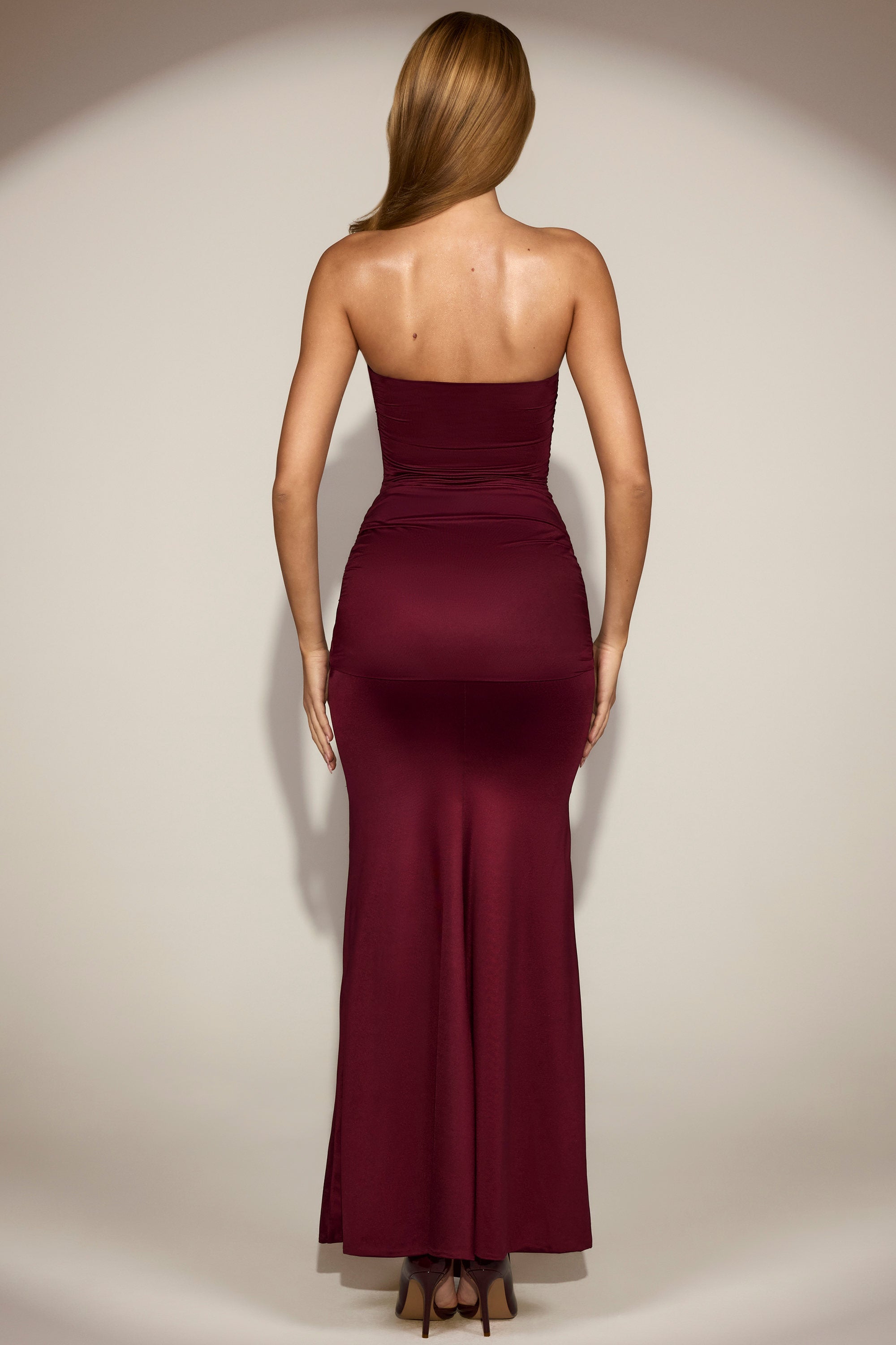 Draped Bandeau Peekaboo Gown in Wine Red