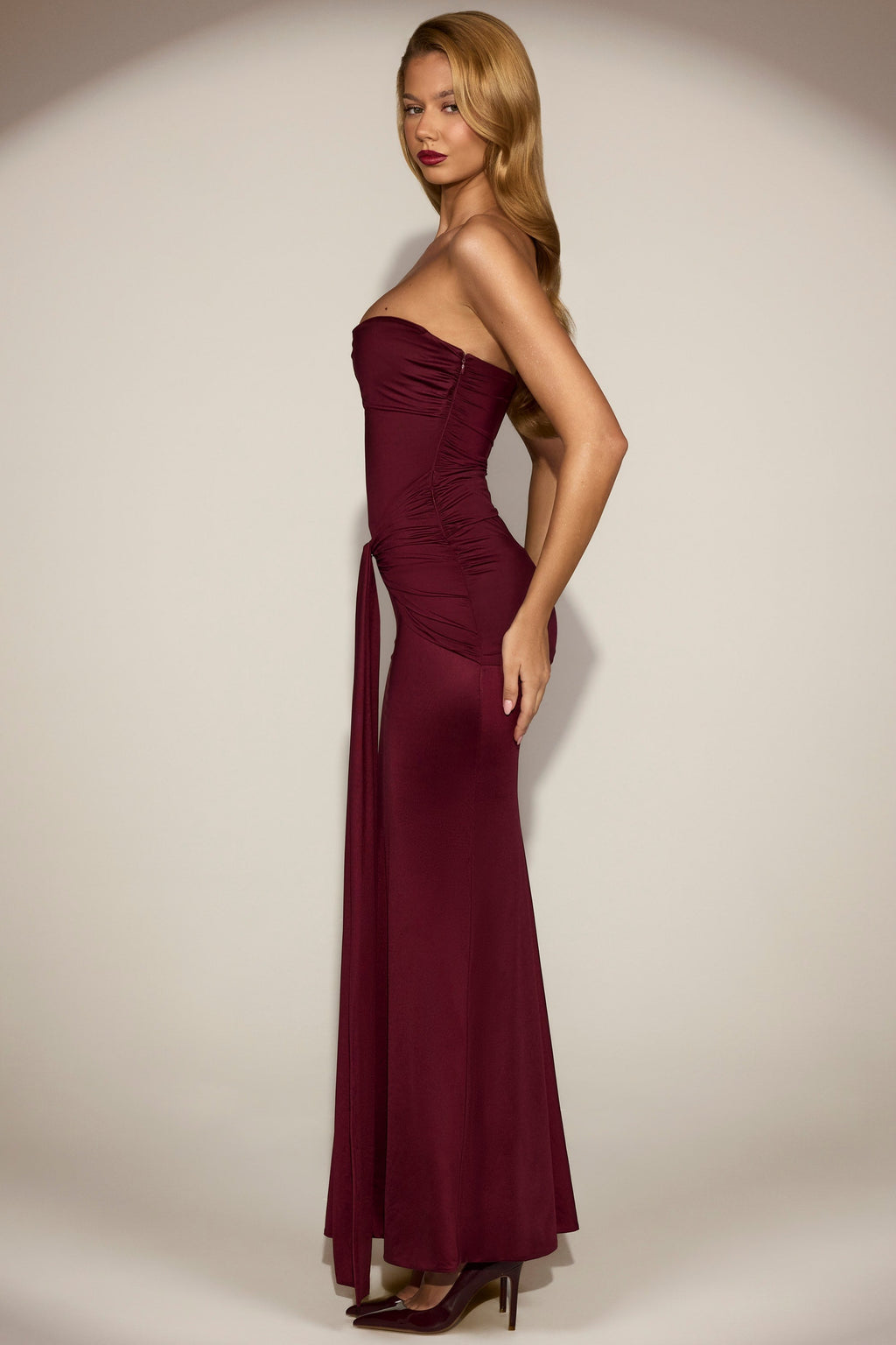 Draped Bandeau Peekaboo Gown in Wine Red