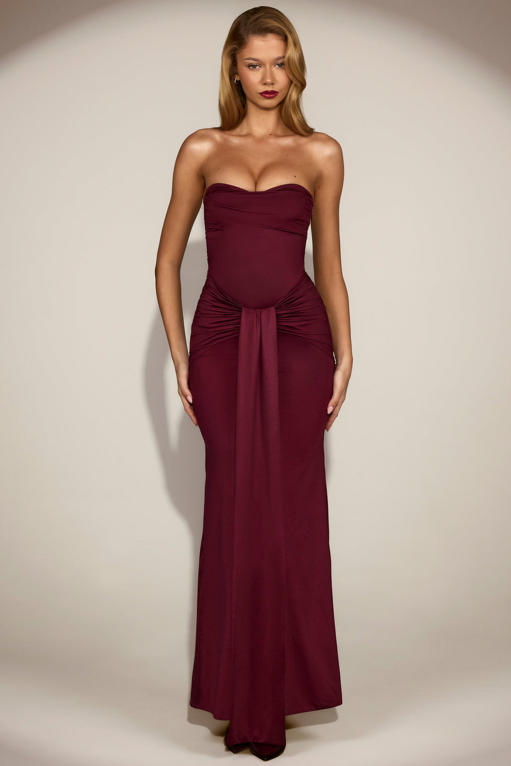 Draped Bandeau Peekaboo Gown in Wine Red