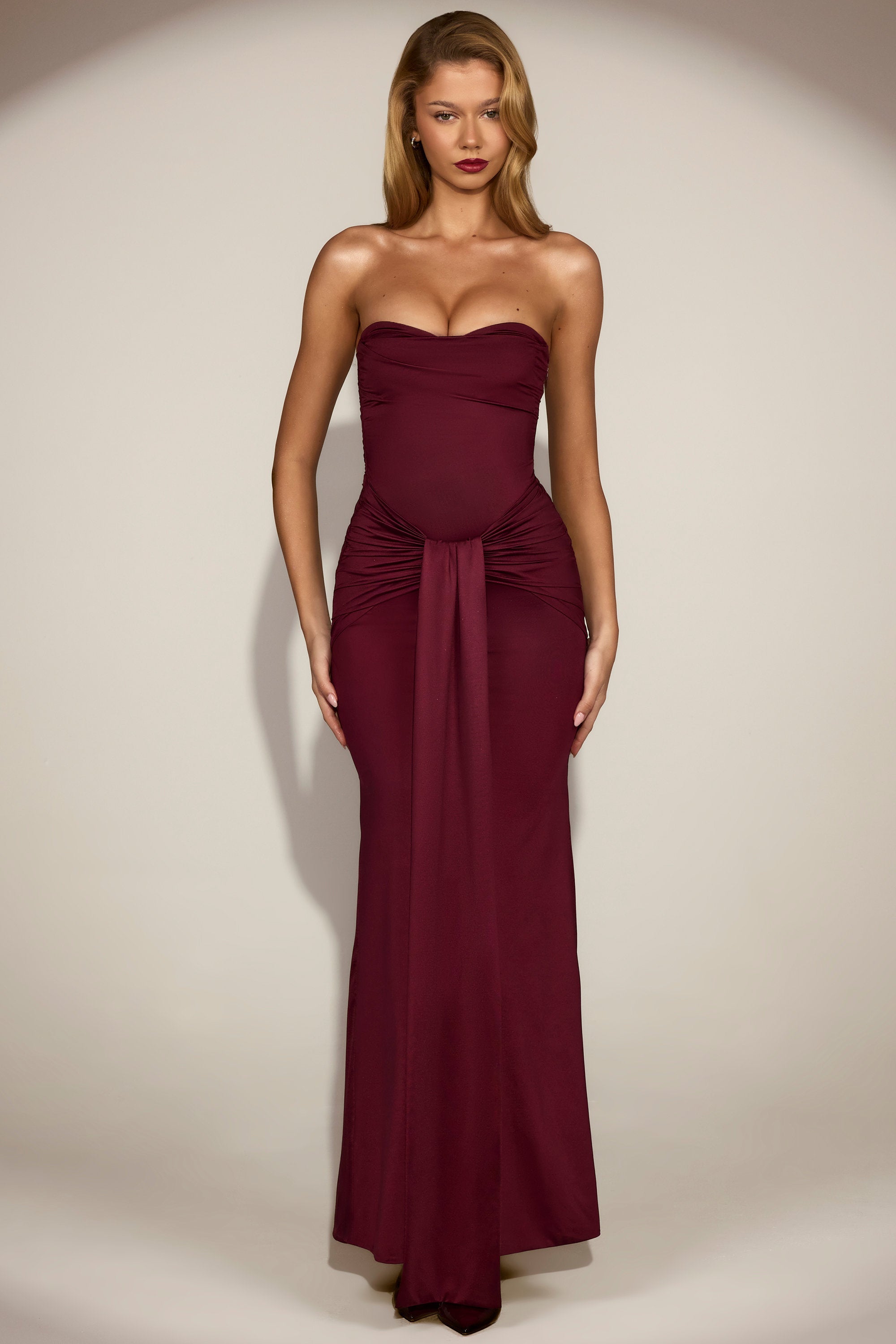 Draped Bandeau Peekaboo Gown in Wine Red