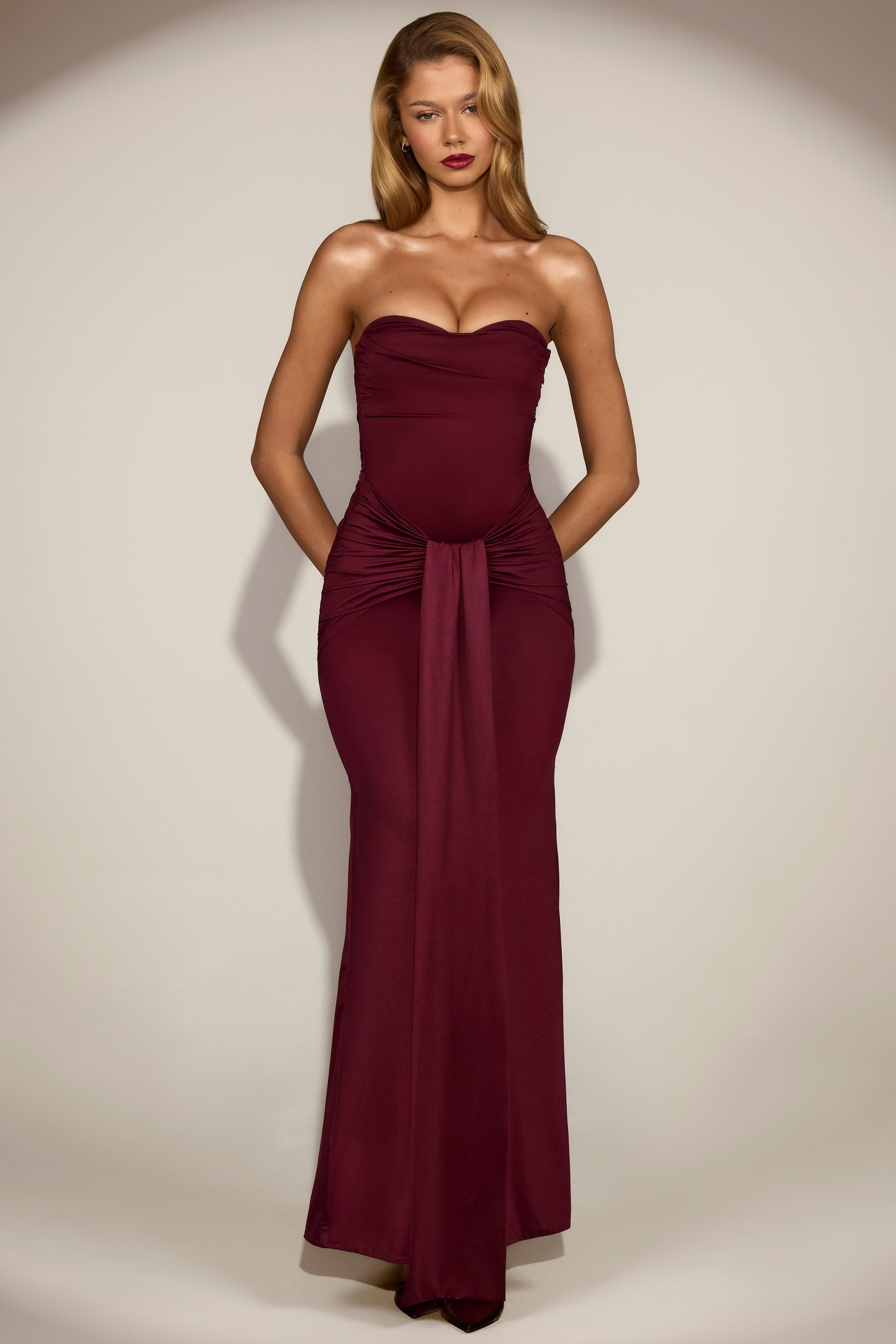 Draped Bandeau Peekaboo Gown in Wine Red