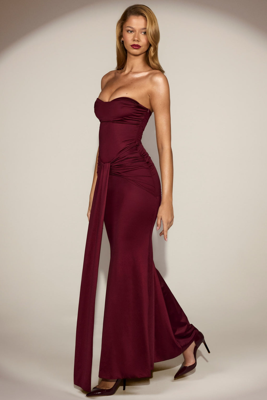 Draped Bandeau Peekaboo Gown in Wine Red
