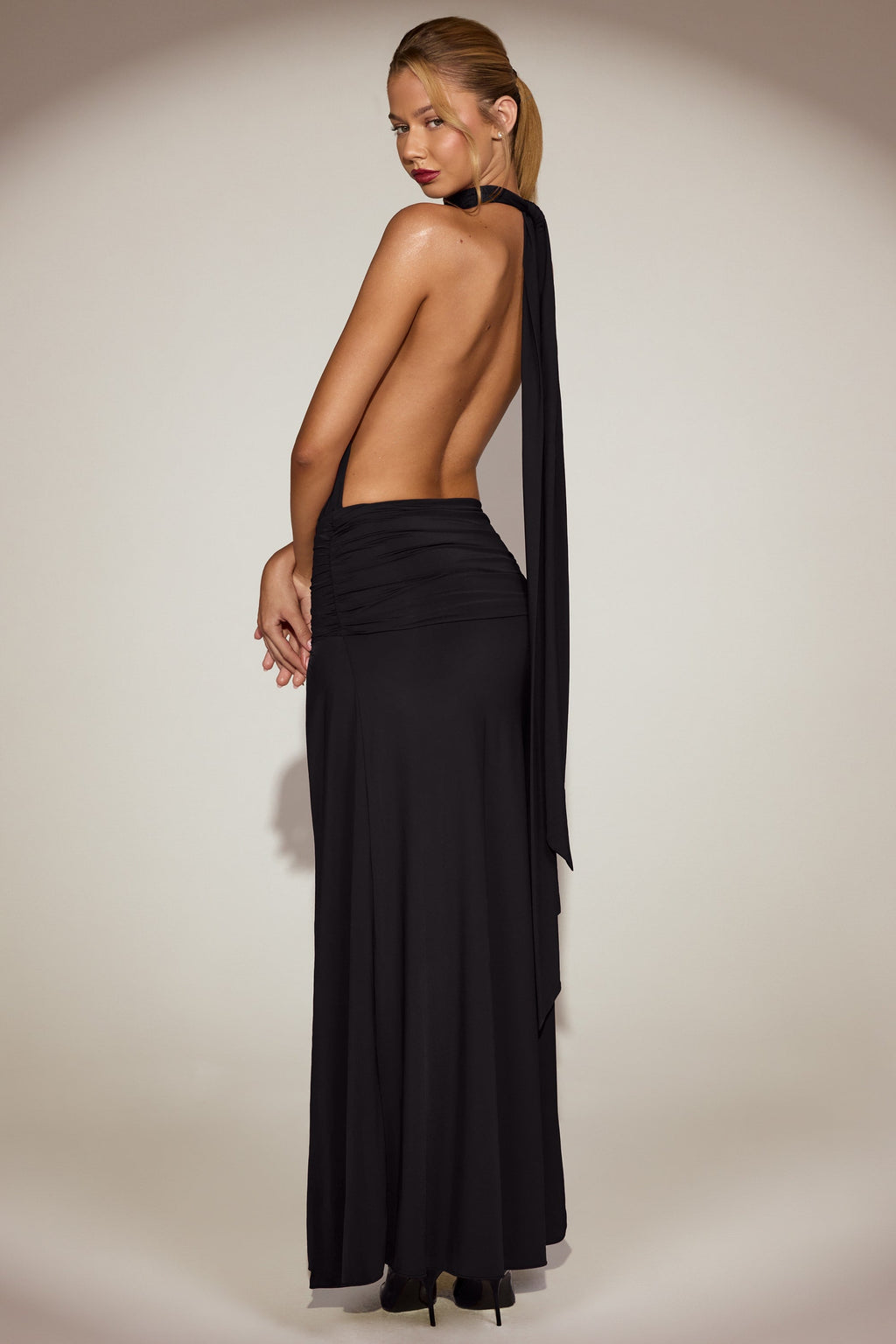 Draped Tie-Neck Maxi Dress in Black