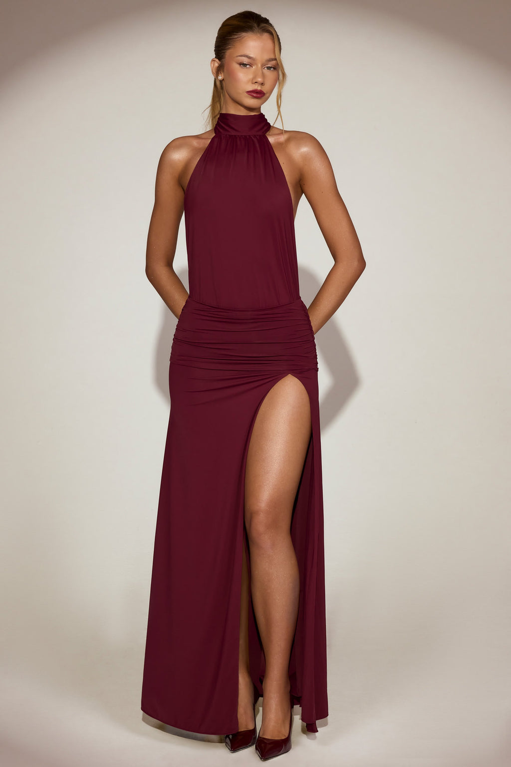 Draped Tie-Neck Maxi Dress in Wine Red
