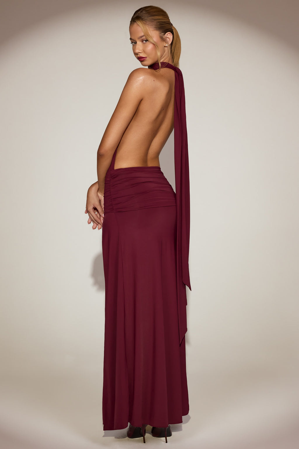 Draped Tie-Neck Maxi Dress in Wine Red