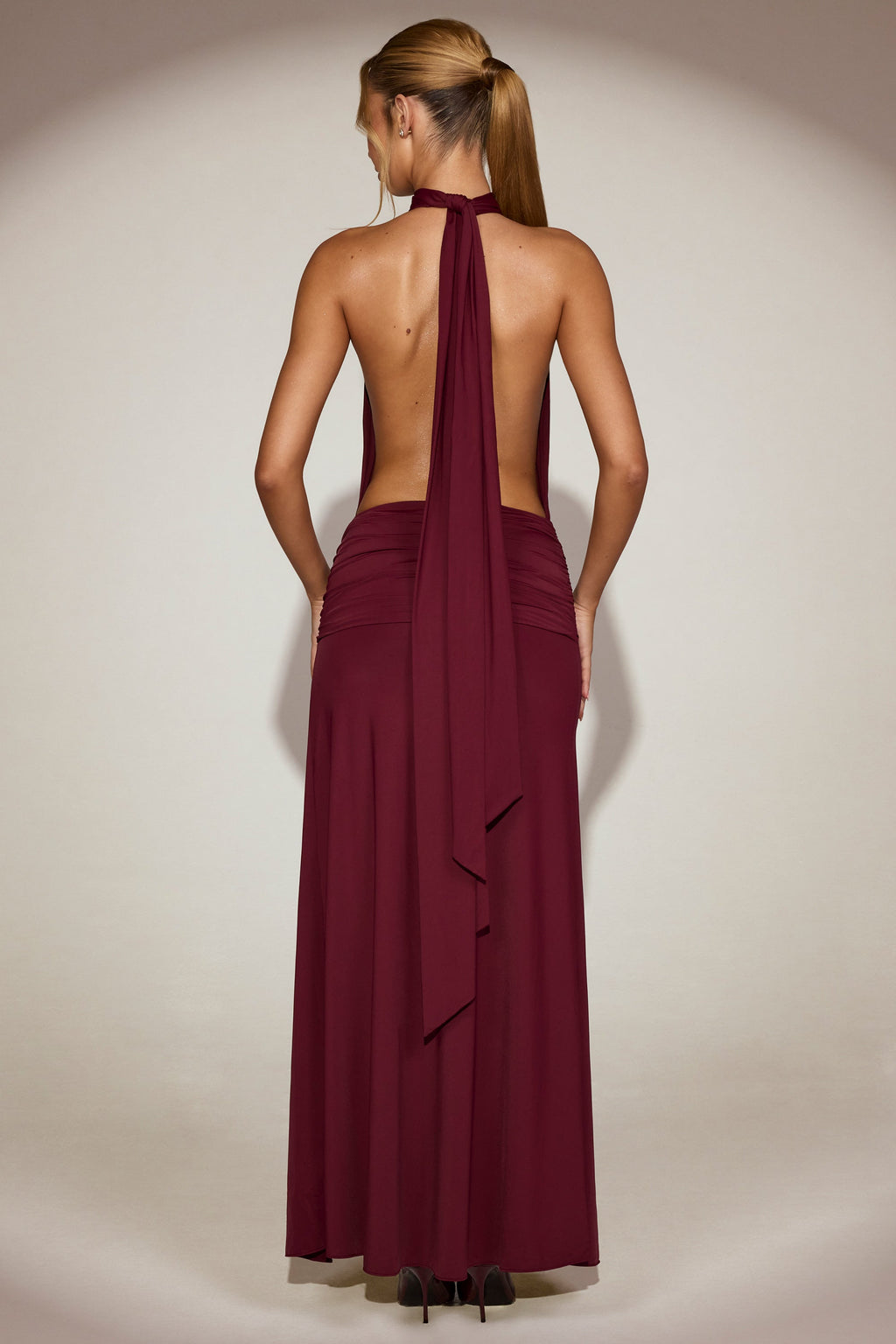 Draped Tie-Neck Maxi Dress in Wine Red