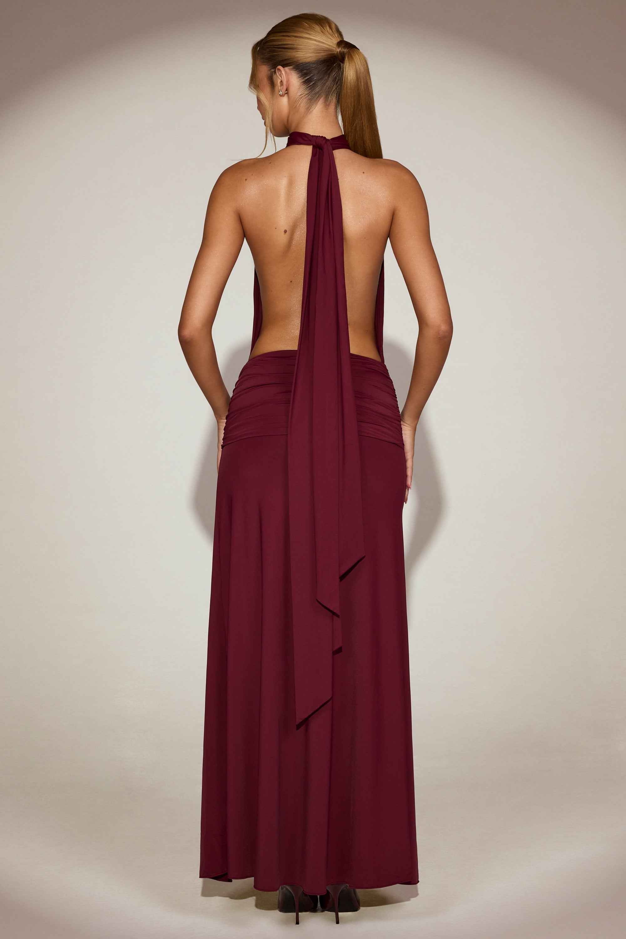 Draped Tie-Neck Maxi Dress in Wine Red