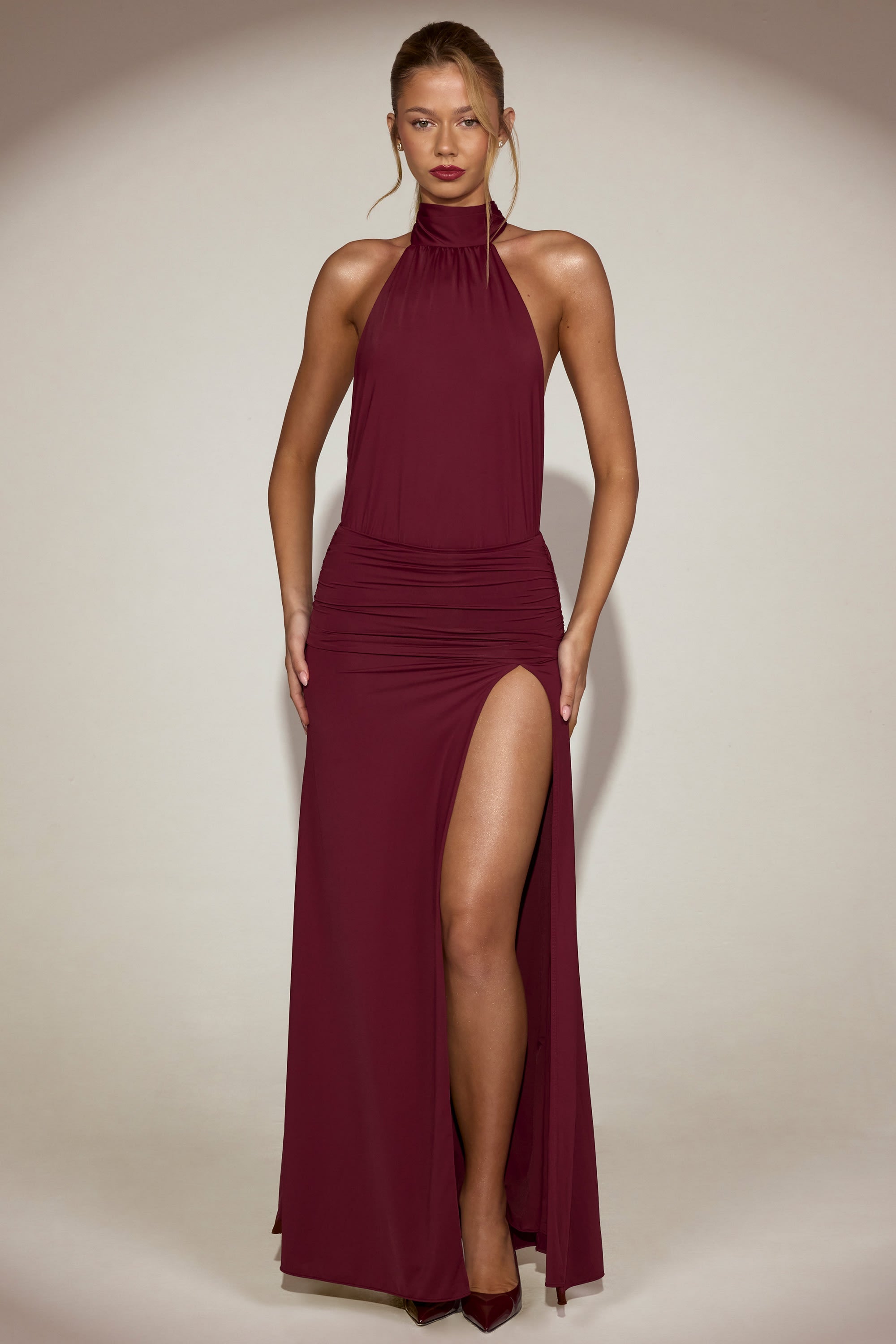 Draped Tie-Neck Maxi Dress in Wine Red