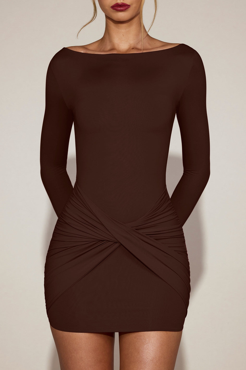 Draped Boat-Neck Mini Dress in Chocolate Brown