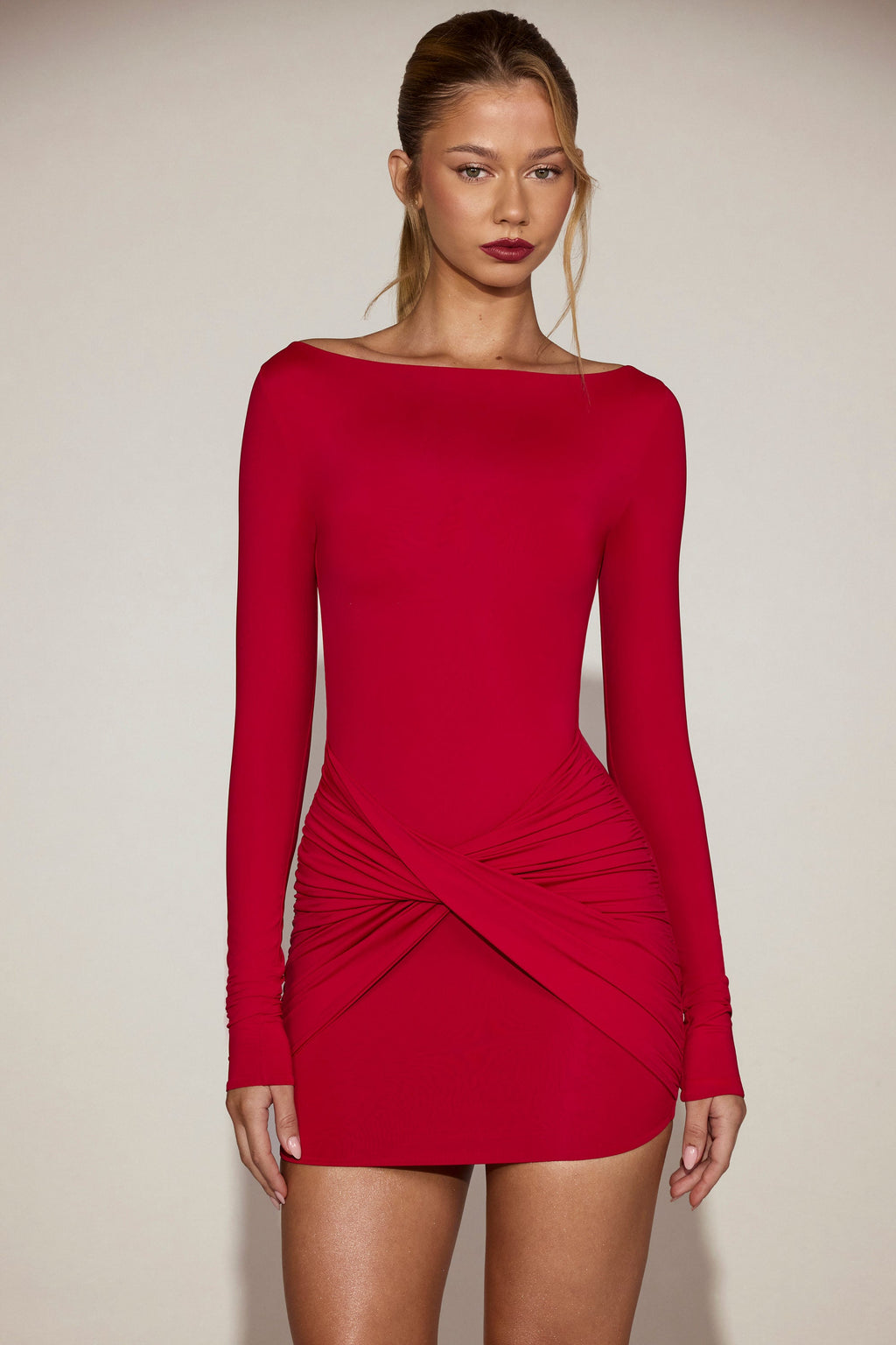 Draped Boat-Neck Mini Dress in True Red