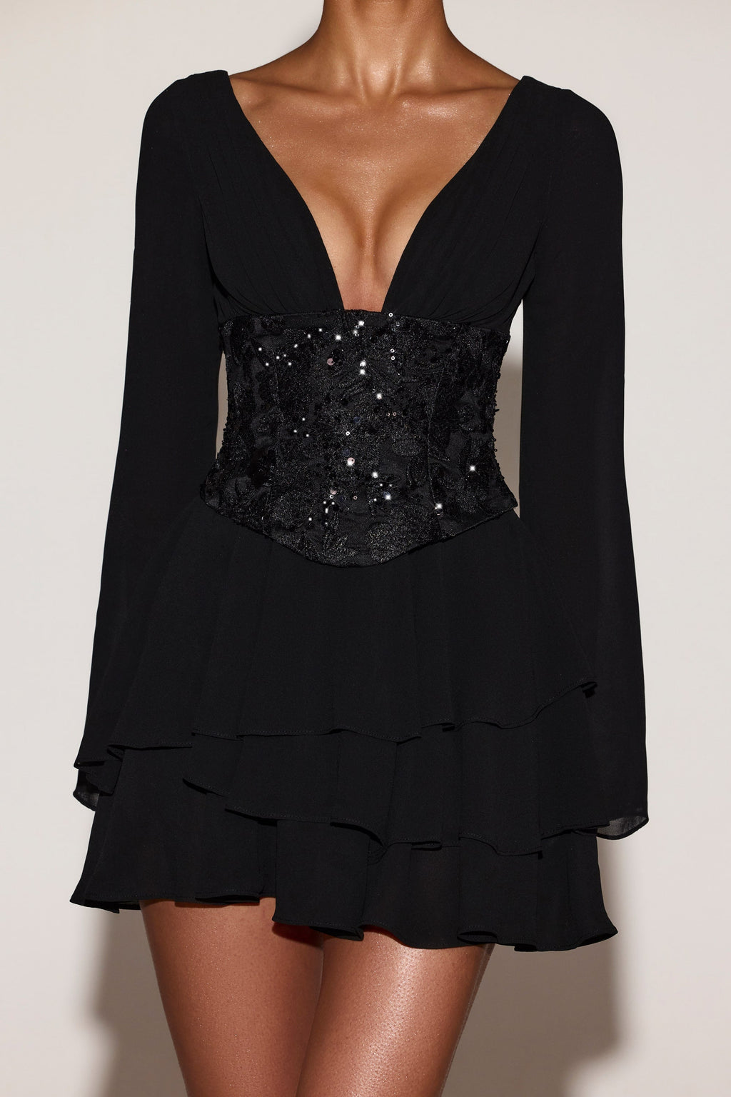 Embellished Corset A-line Mini Dress in Black