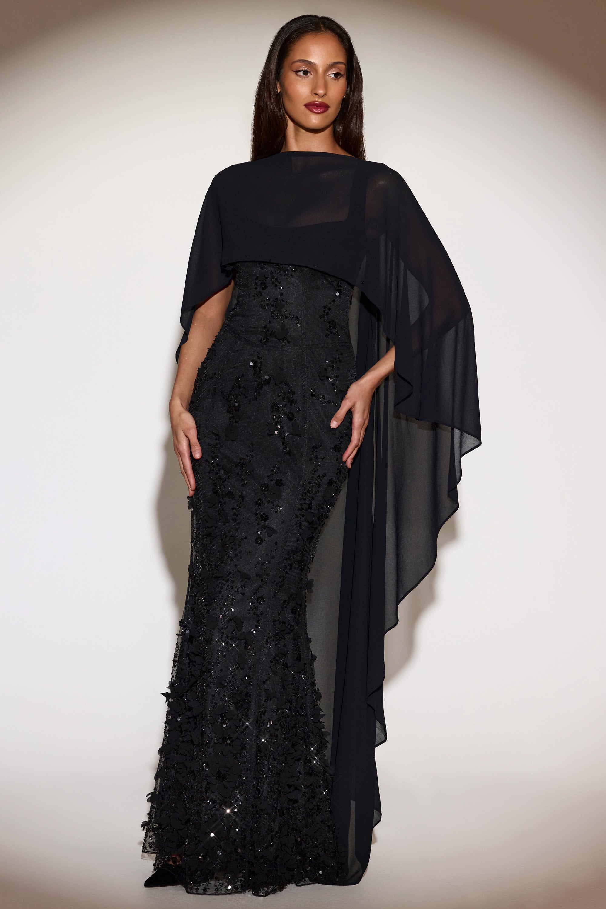 Chiffon Draped Cape in Black