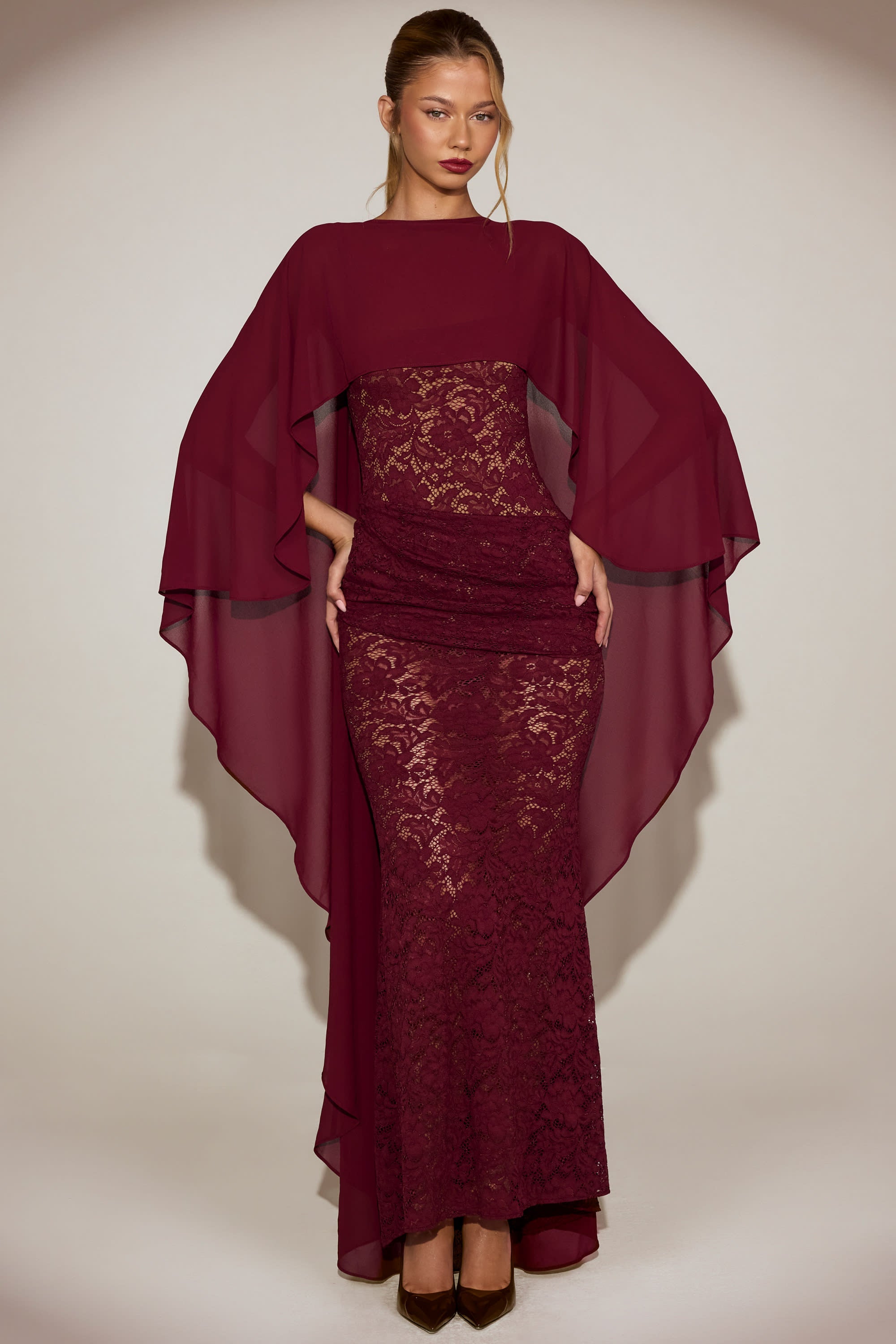 Chiffon Draped Cape in Wine Red