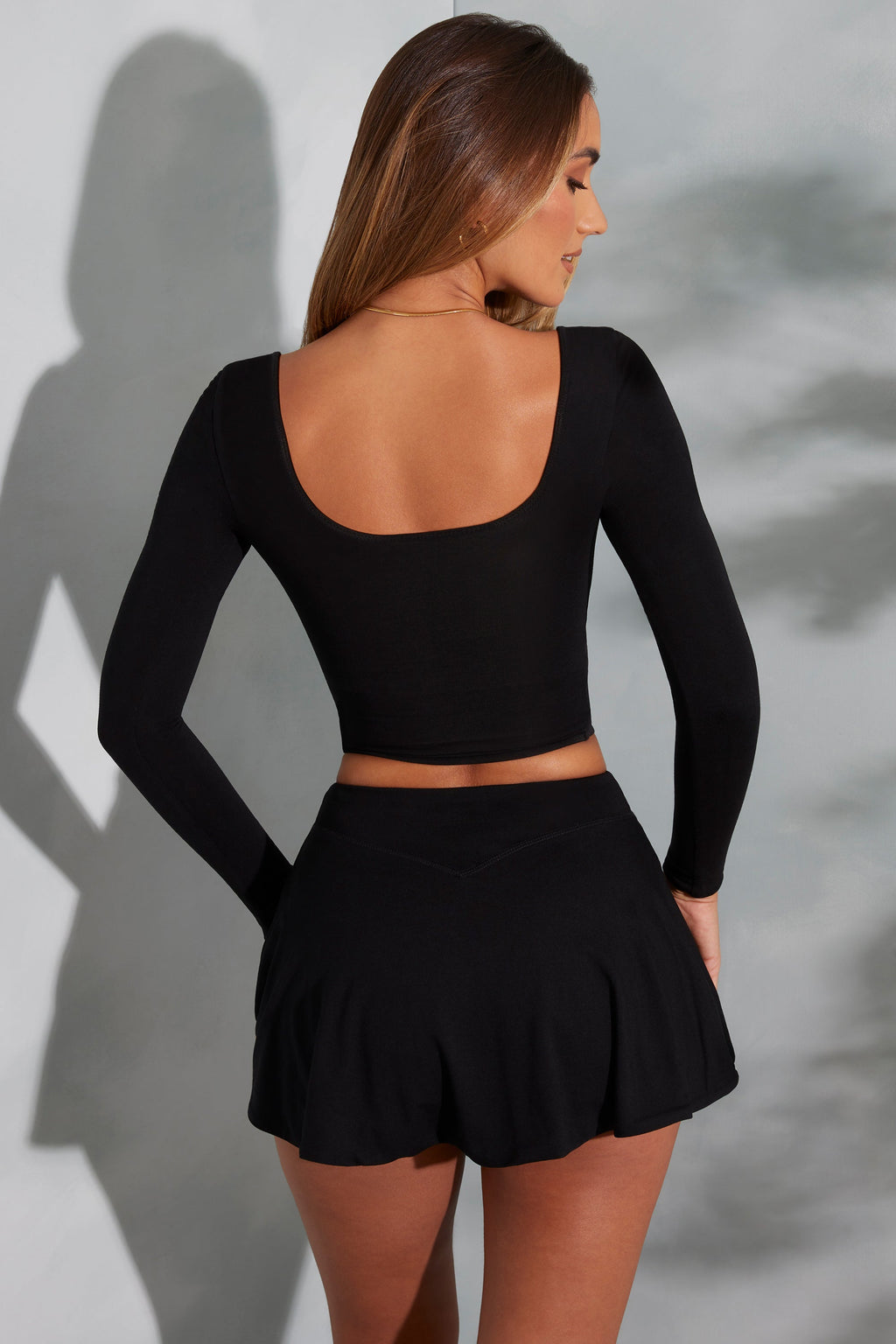 Square-Neck Long-Sleeve Crop Top in Black
