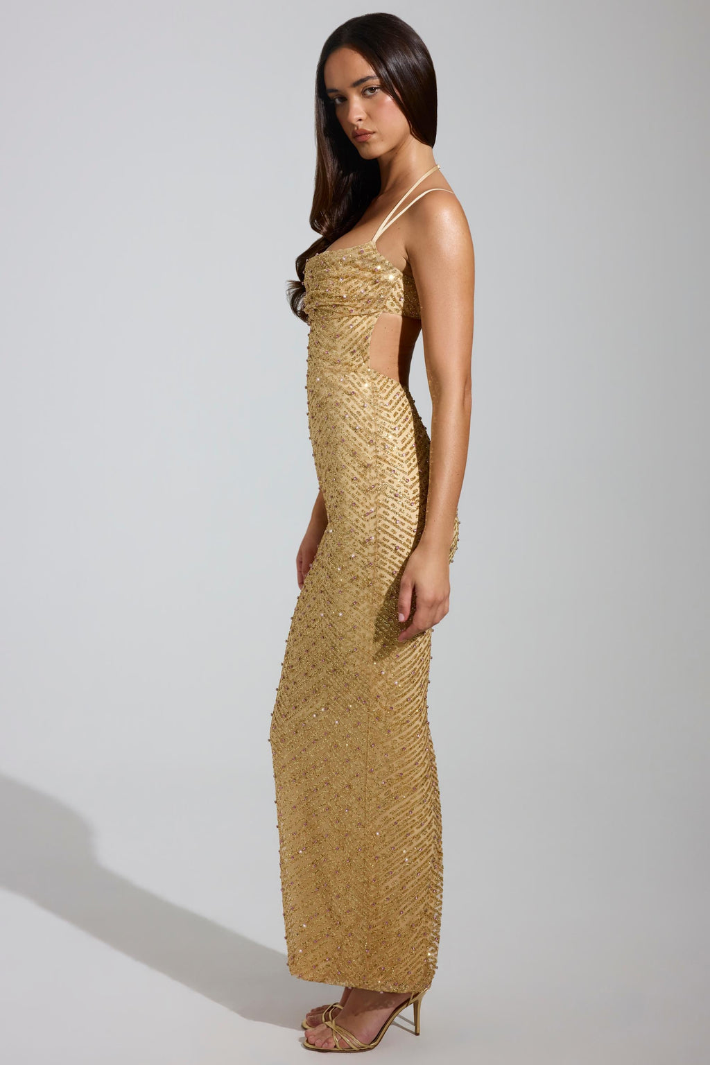 Embellished Cowl-Neck Maxi Dress in Gold