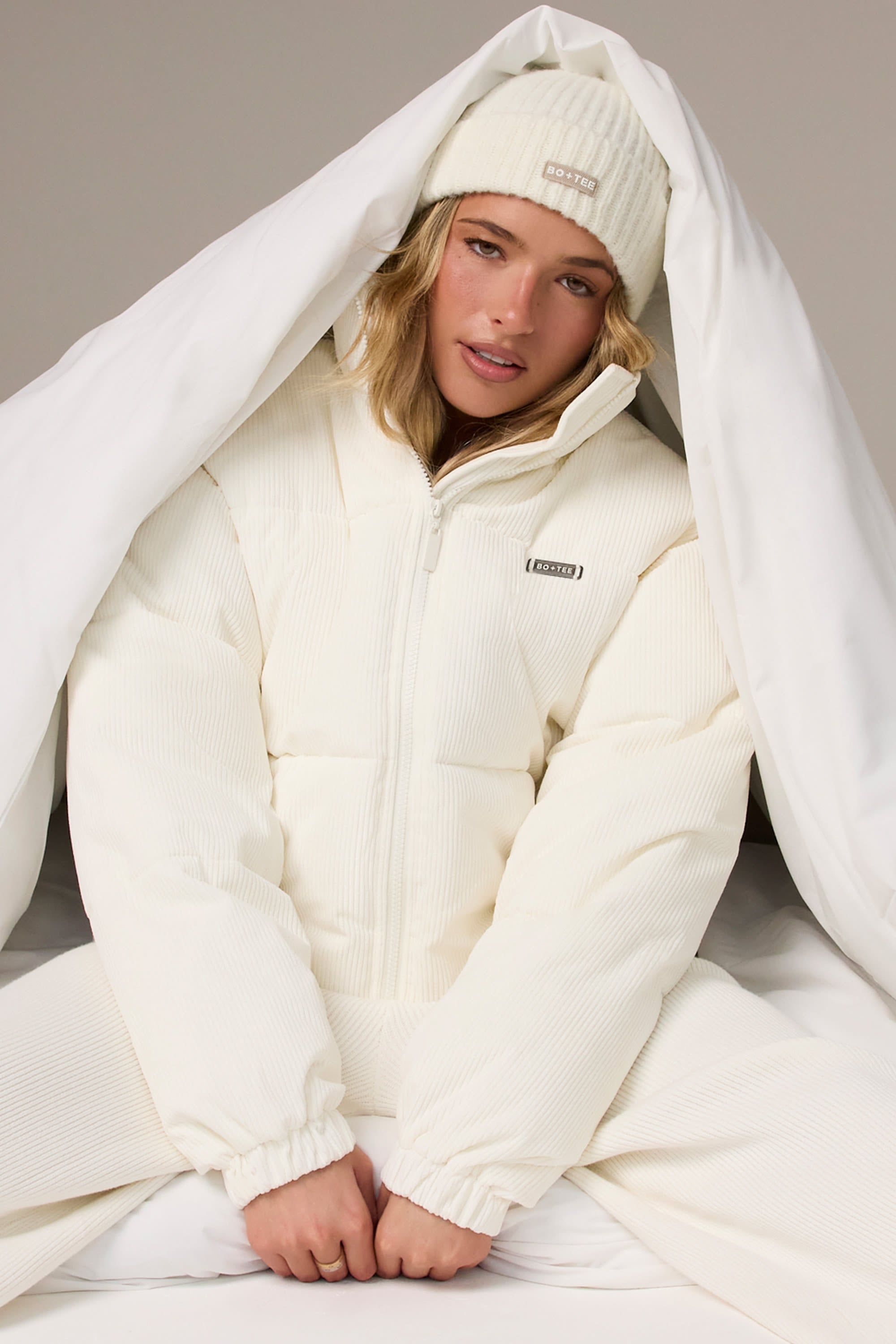 Corduroy Quilted Puffer Jacket in Ivory