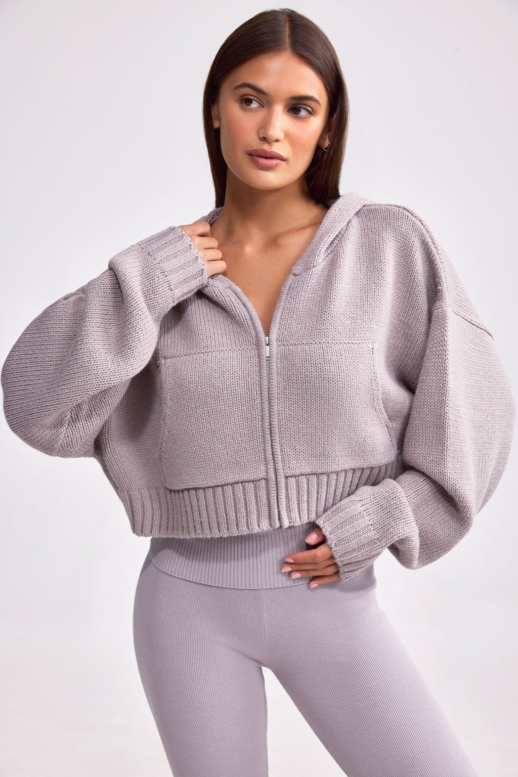 Chunky Knit Zip-Up Cropped Hoodie in Dusty Lavender