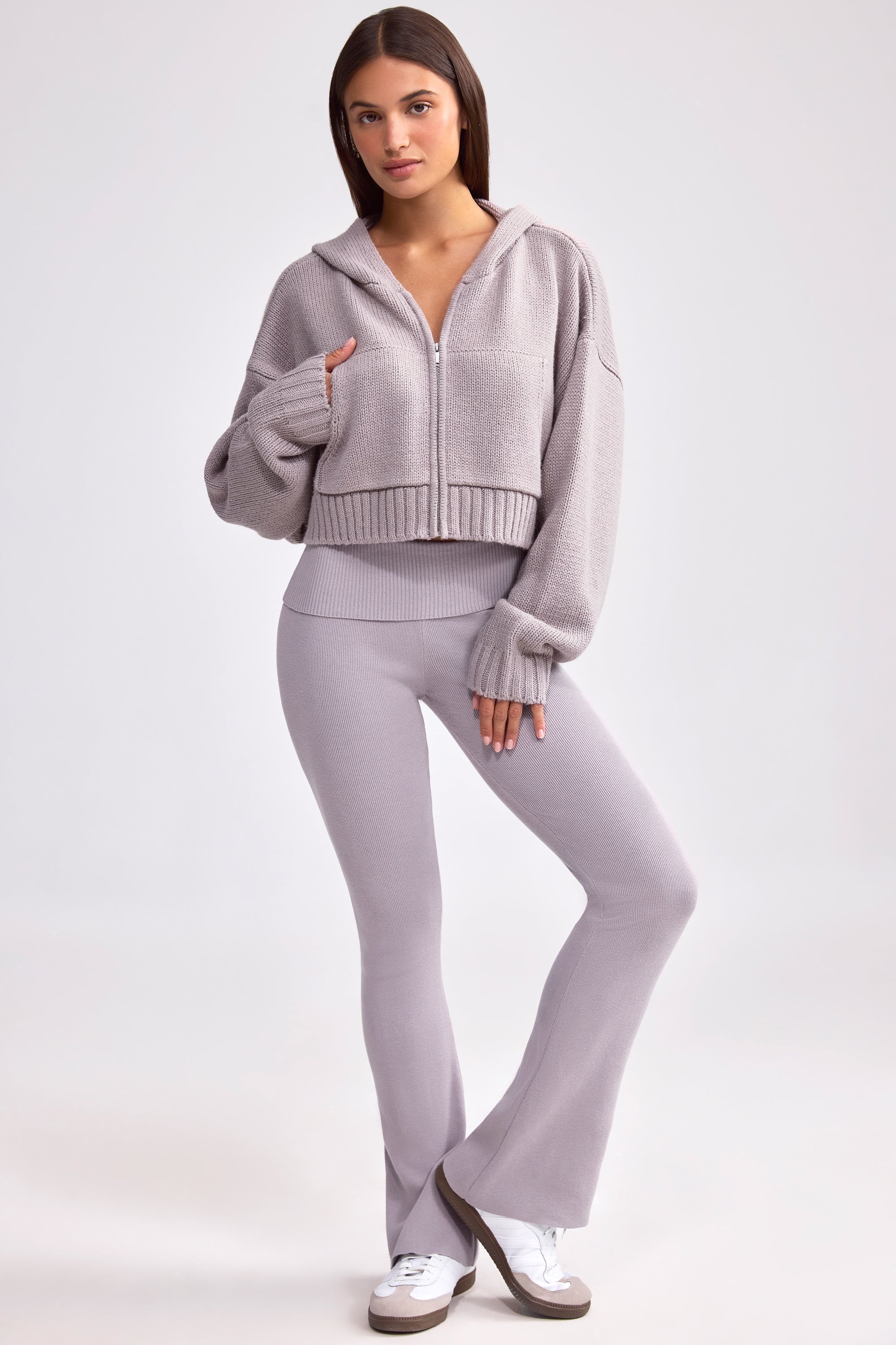 Chunky Knit Zip-Up Cropped Hoodie in Dusty Lavender