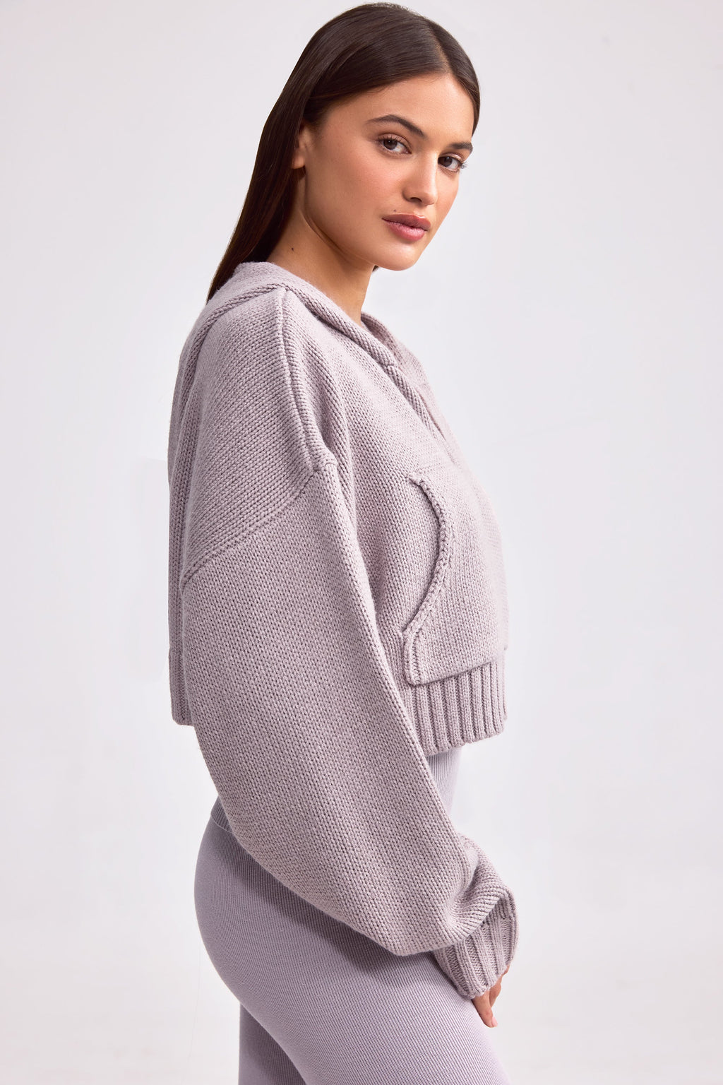 Chunky Knit Zip-Up Cropped Hoodie in Dusty Lavender