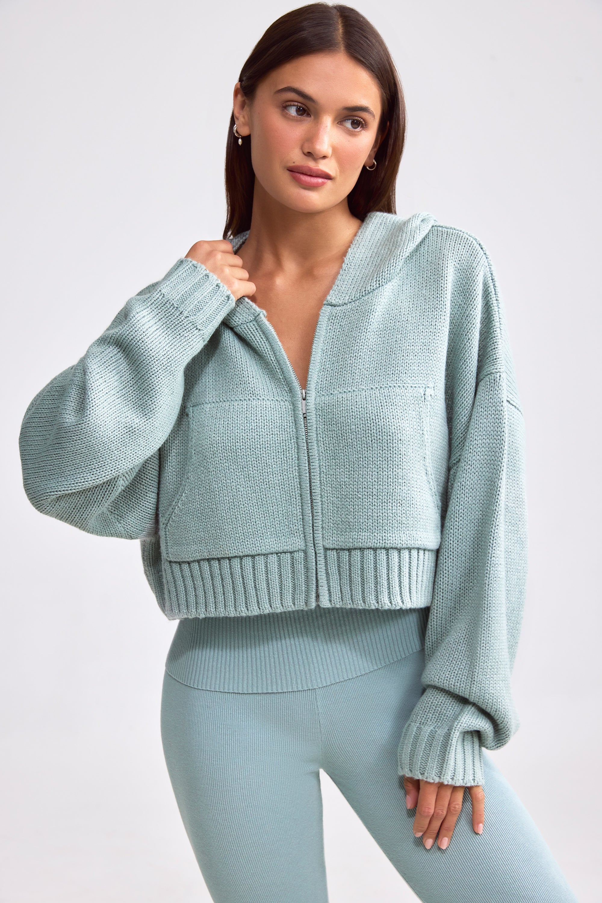 Chunky Knit Zip-Up Cropped Hoodie in Dusty Teal