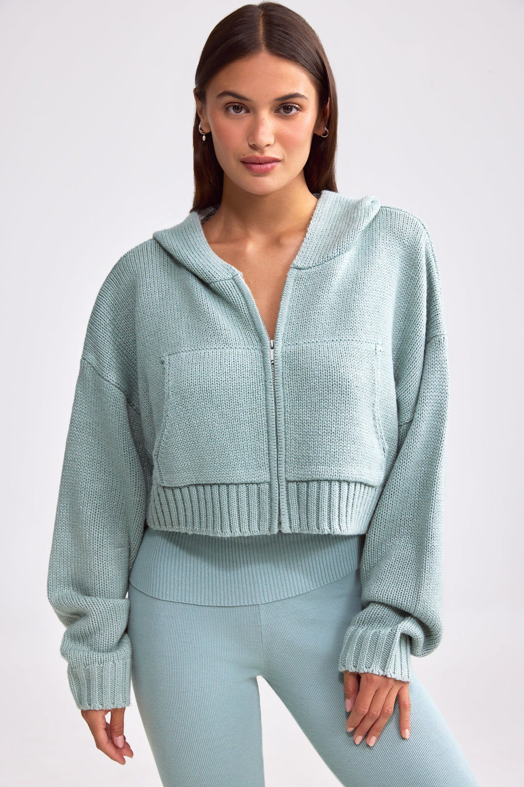 Chunky Knit Zip-Up Cropped Hoodie in Dusty Teal