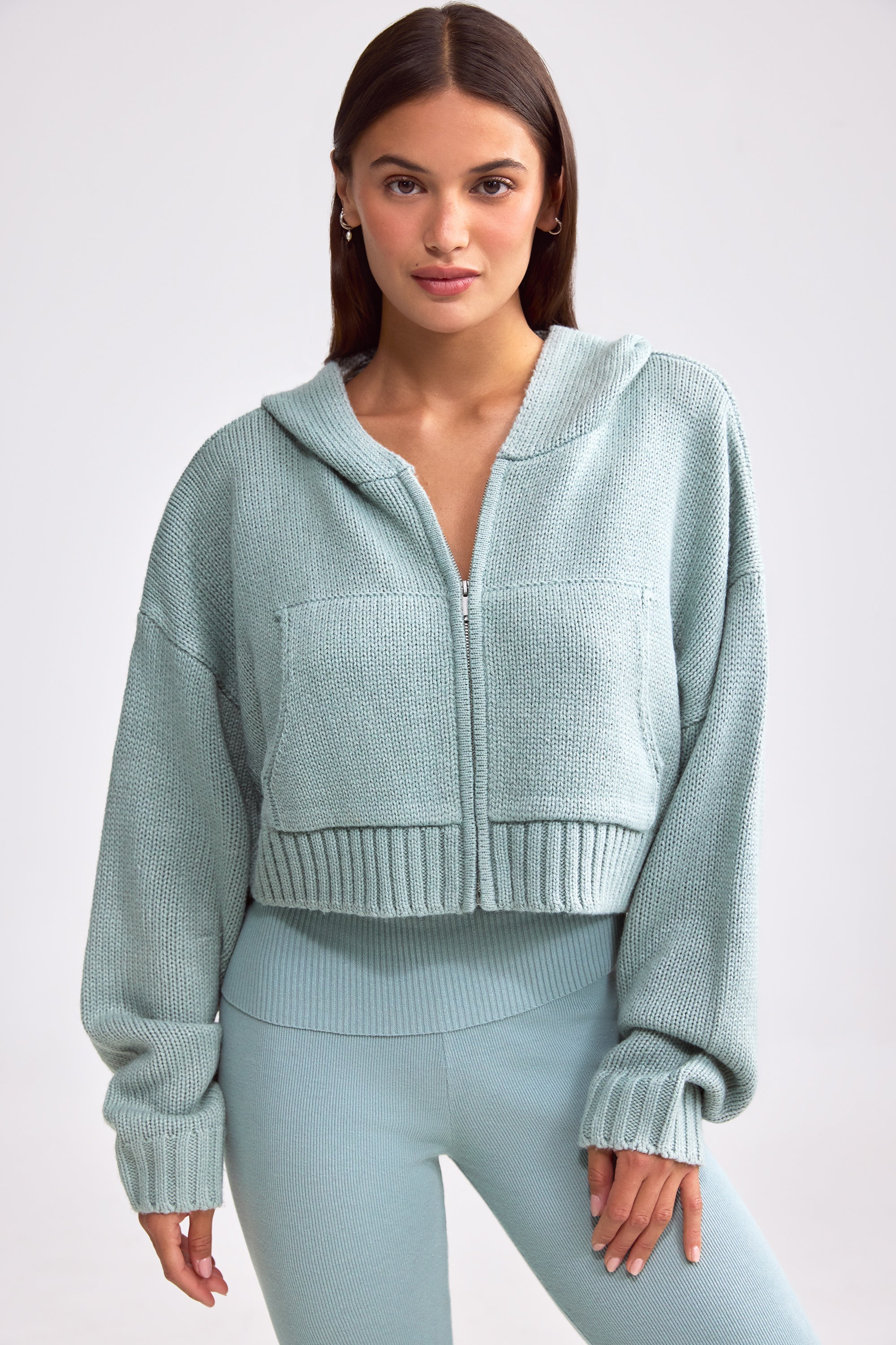 Chunky Knit Zip-Up Cropped Hoodie in Dusty Teal