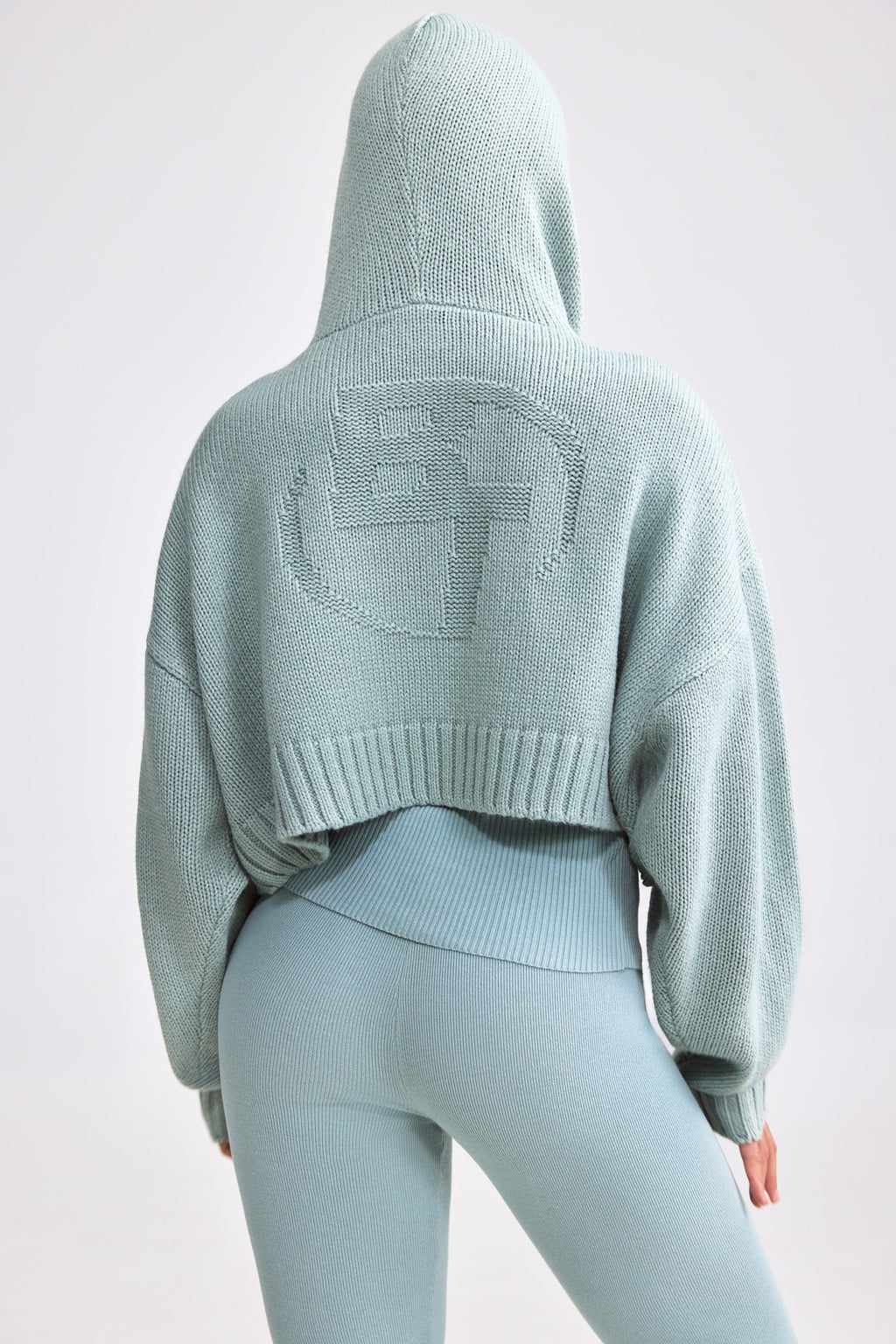 Chunky Knit Zip-Up Cropped Hoodie in Dusty Teal