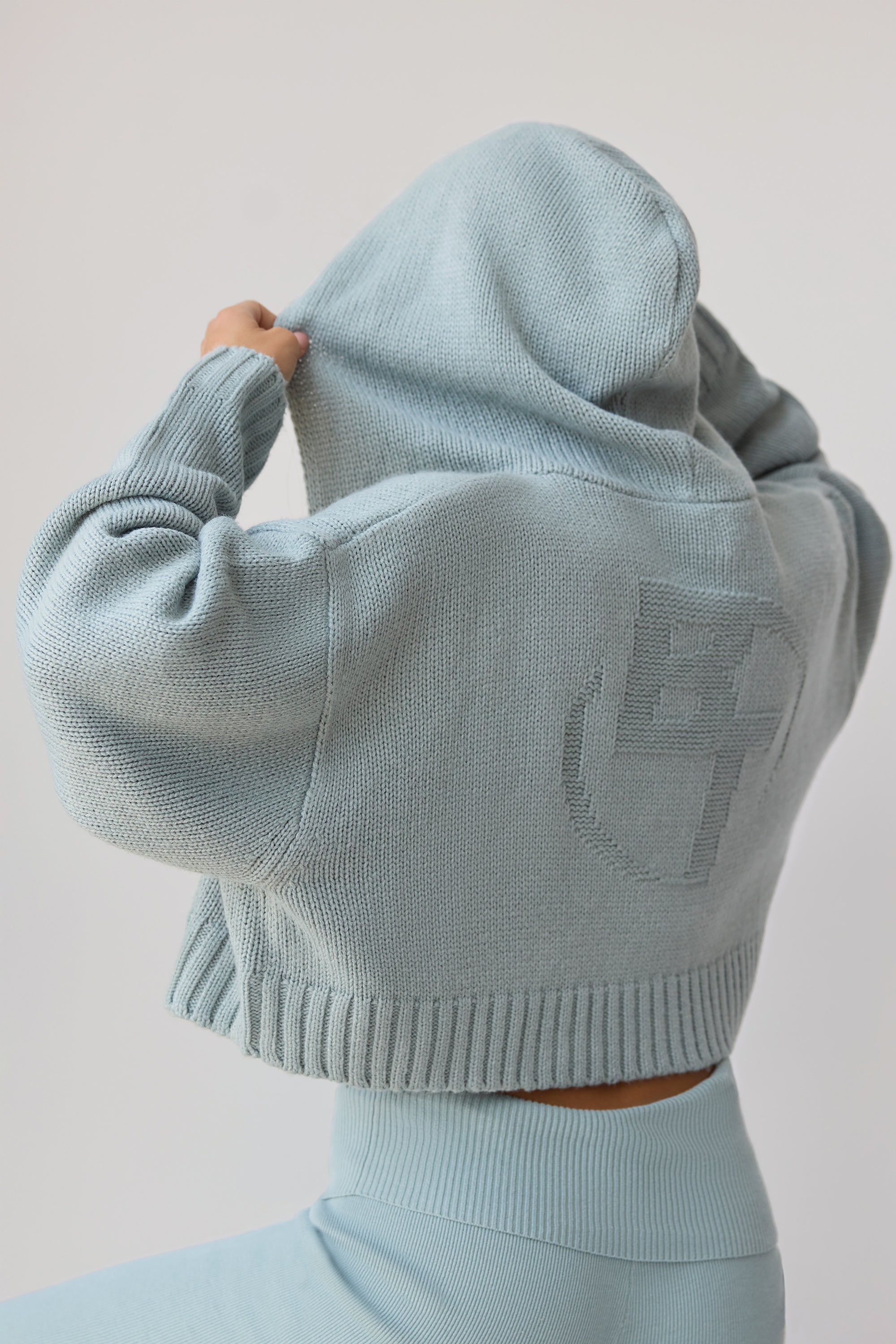 Chunky Knit Zip-Up Cropped Hoodie in Dusty Teal