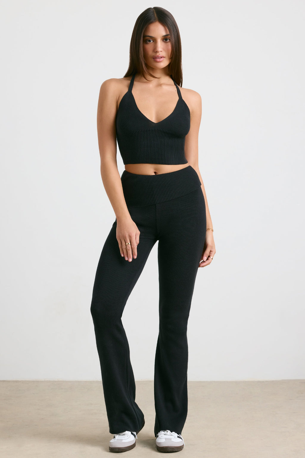 Chunky Knit Foldover Kick Flare Trousers in Black