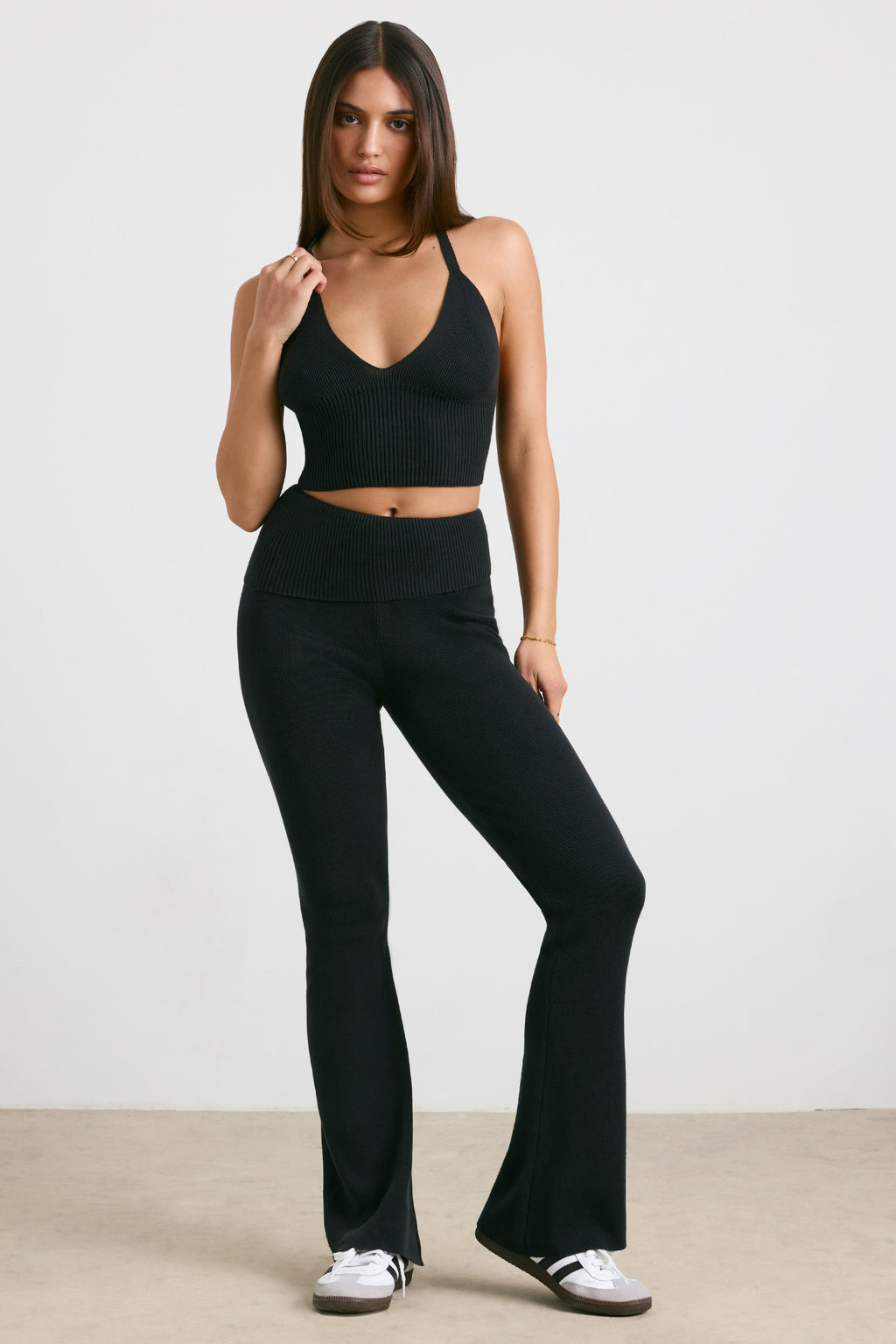 Chunky Knit Foldover Kick Flare Trousers in Black