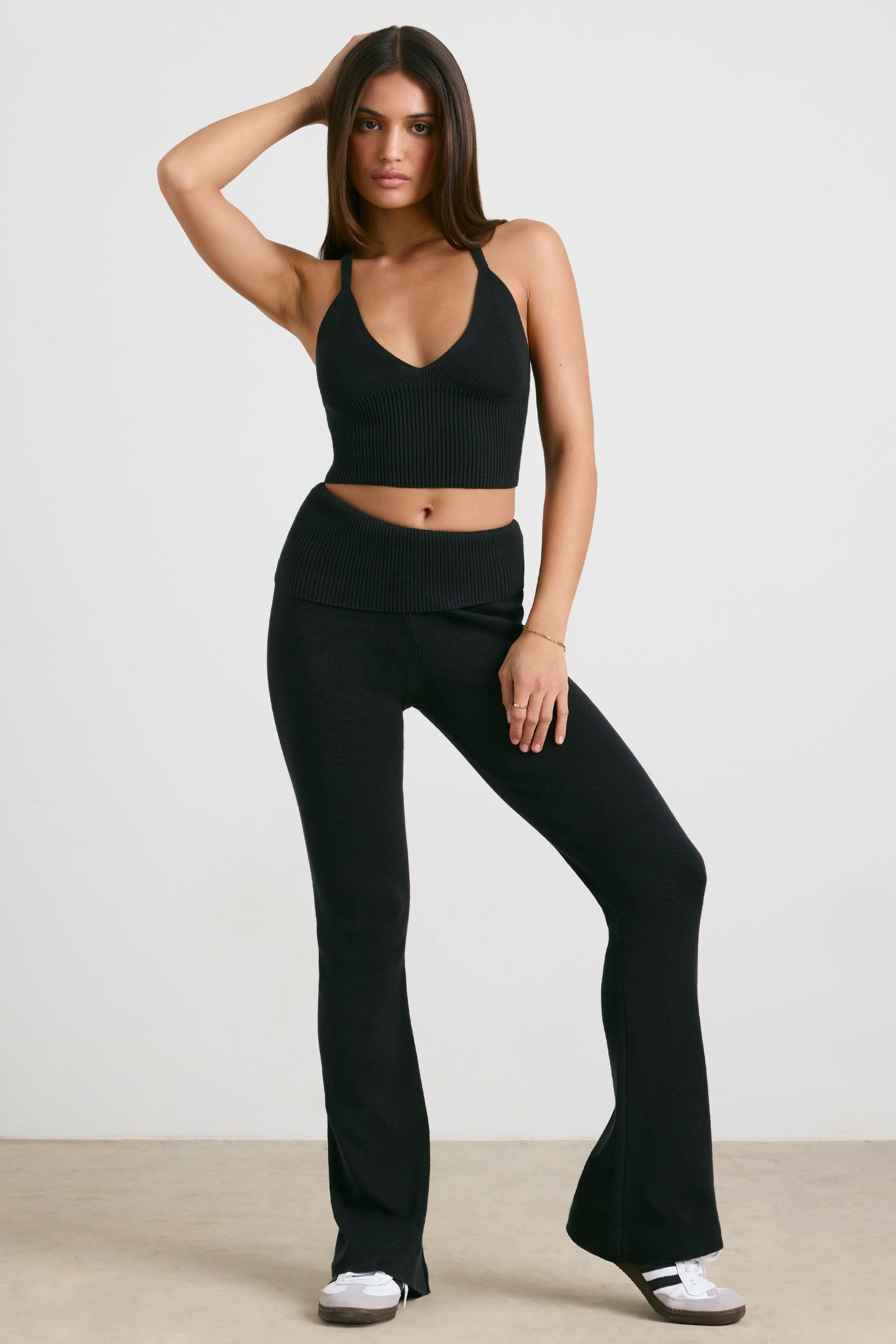 Chunky Knit Foldover Kick Flare Trousers in Black