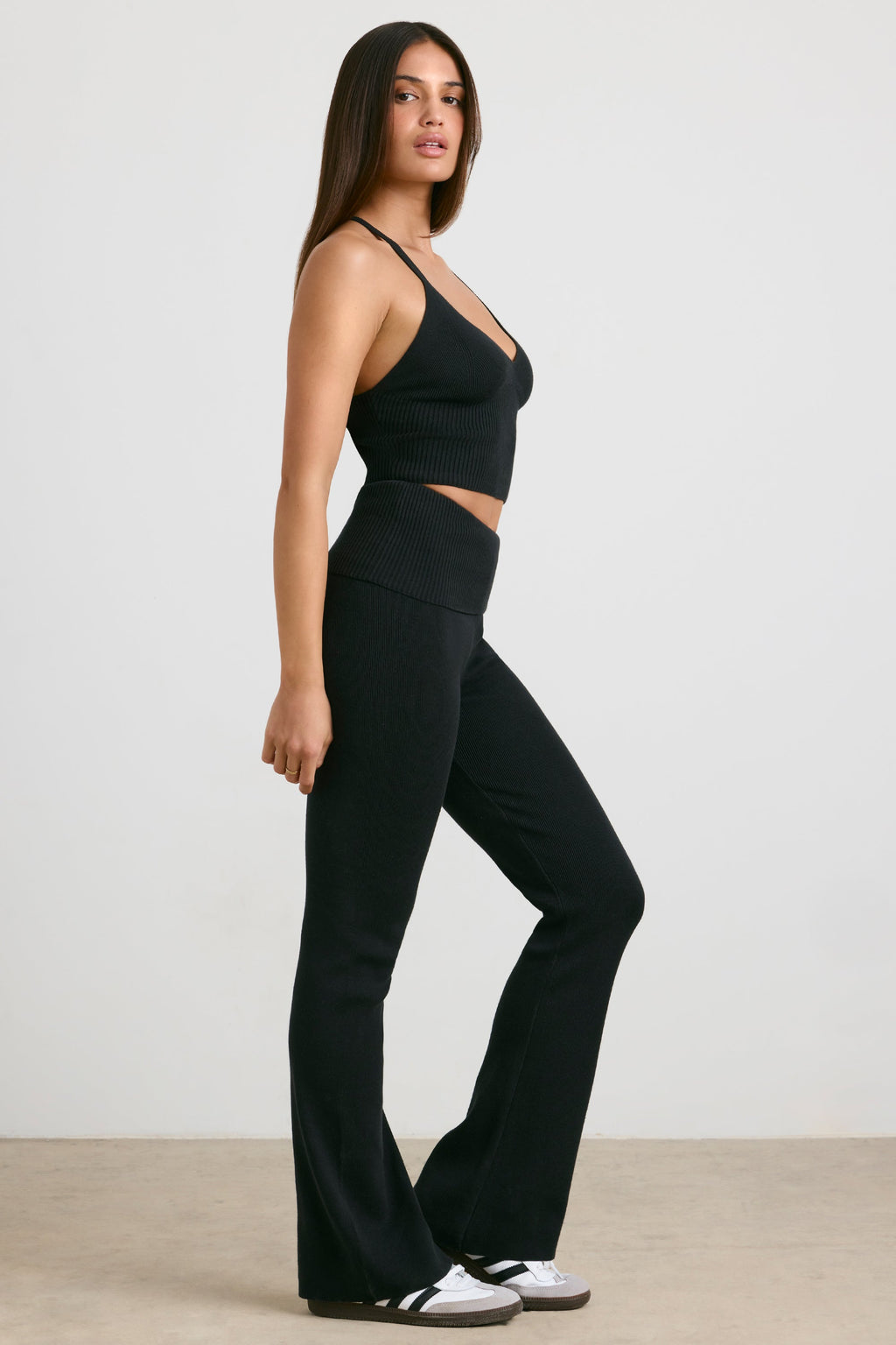 Chunky Knit Foldover Kick Flare Trousers in Black