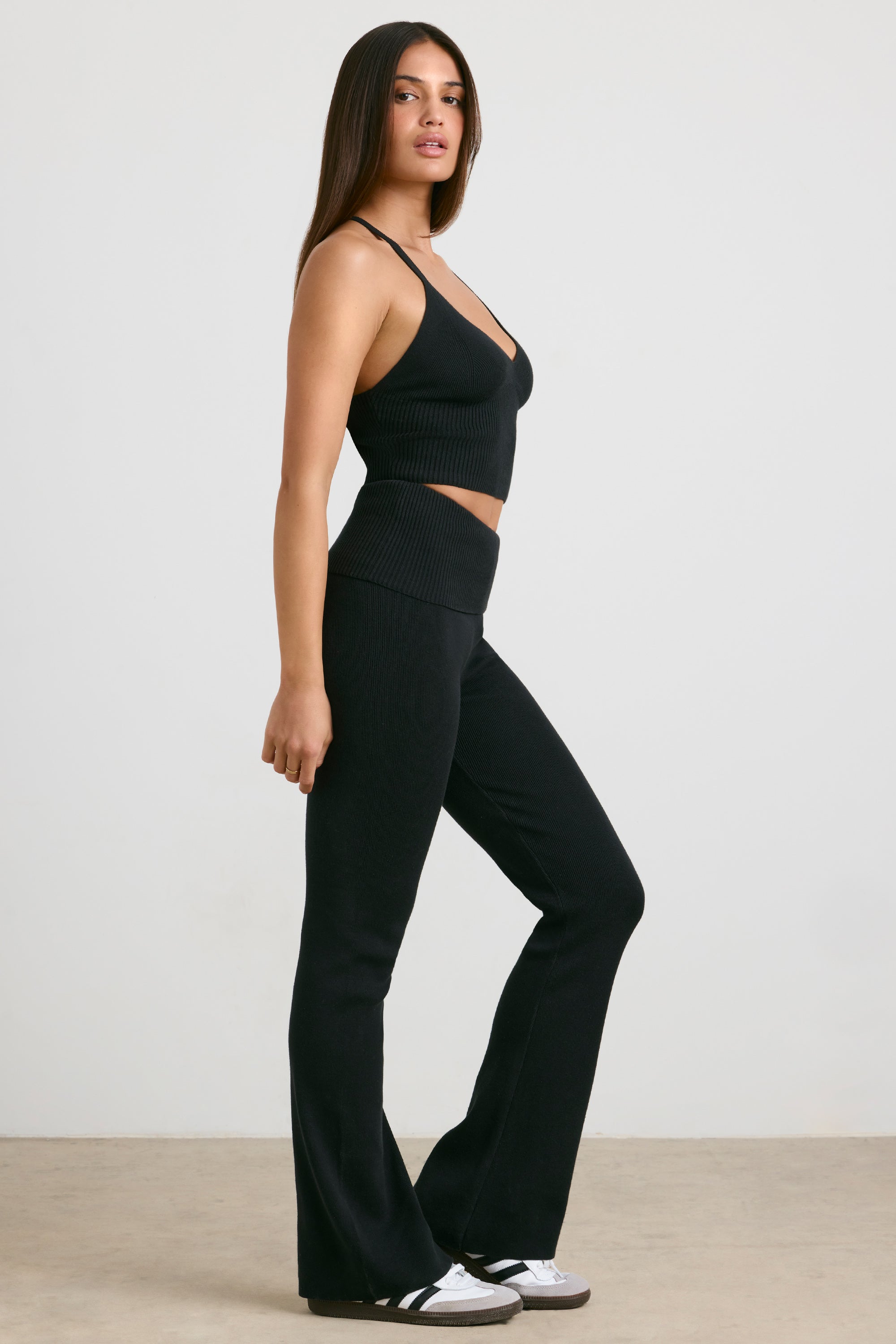Chunky Knit Foldover Kick Flare Trousers in Black