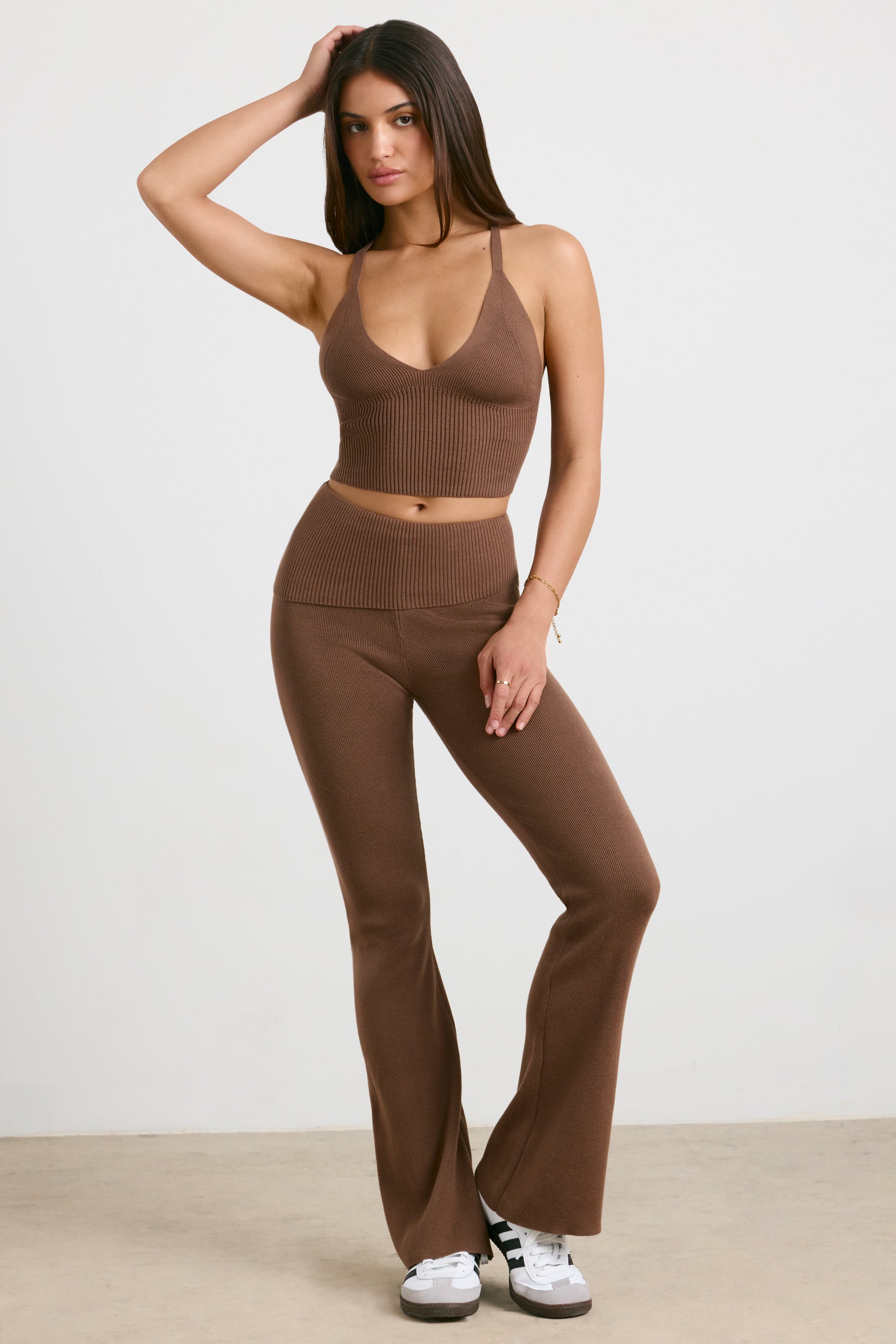 Chunky Knit Foldover Kick Flare Trousers in Coco