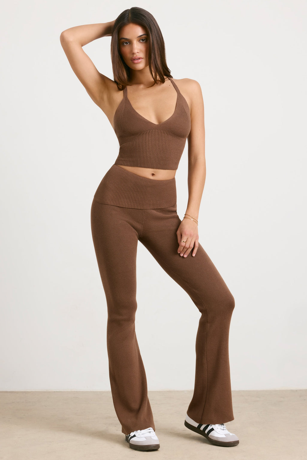 Chunky Knit Foldover Kick Flare Trousers in Coco