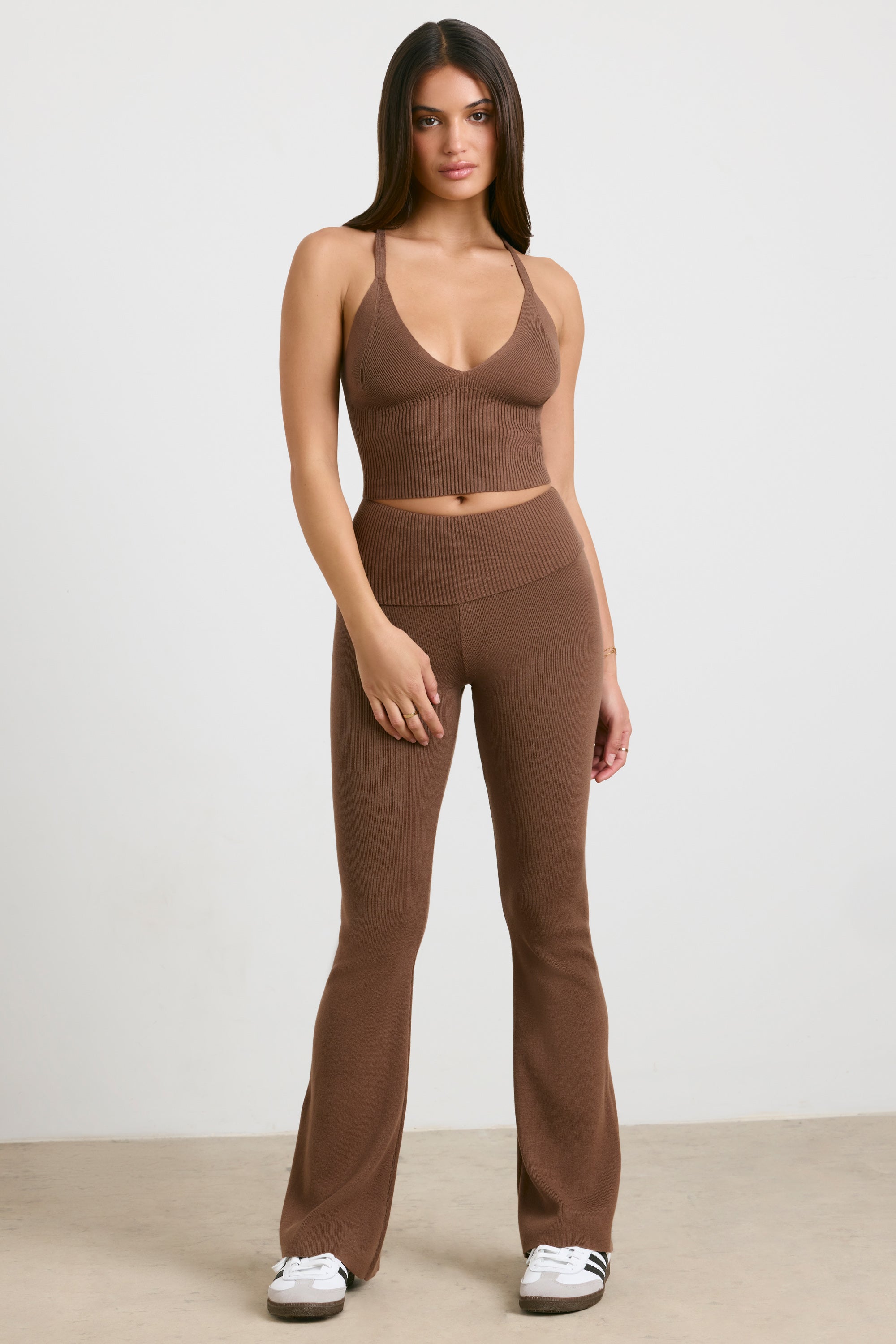 Chunky Knit Foldover Kick Flare Trousers in Coco