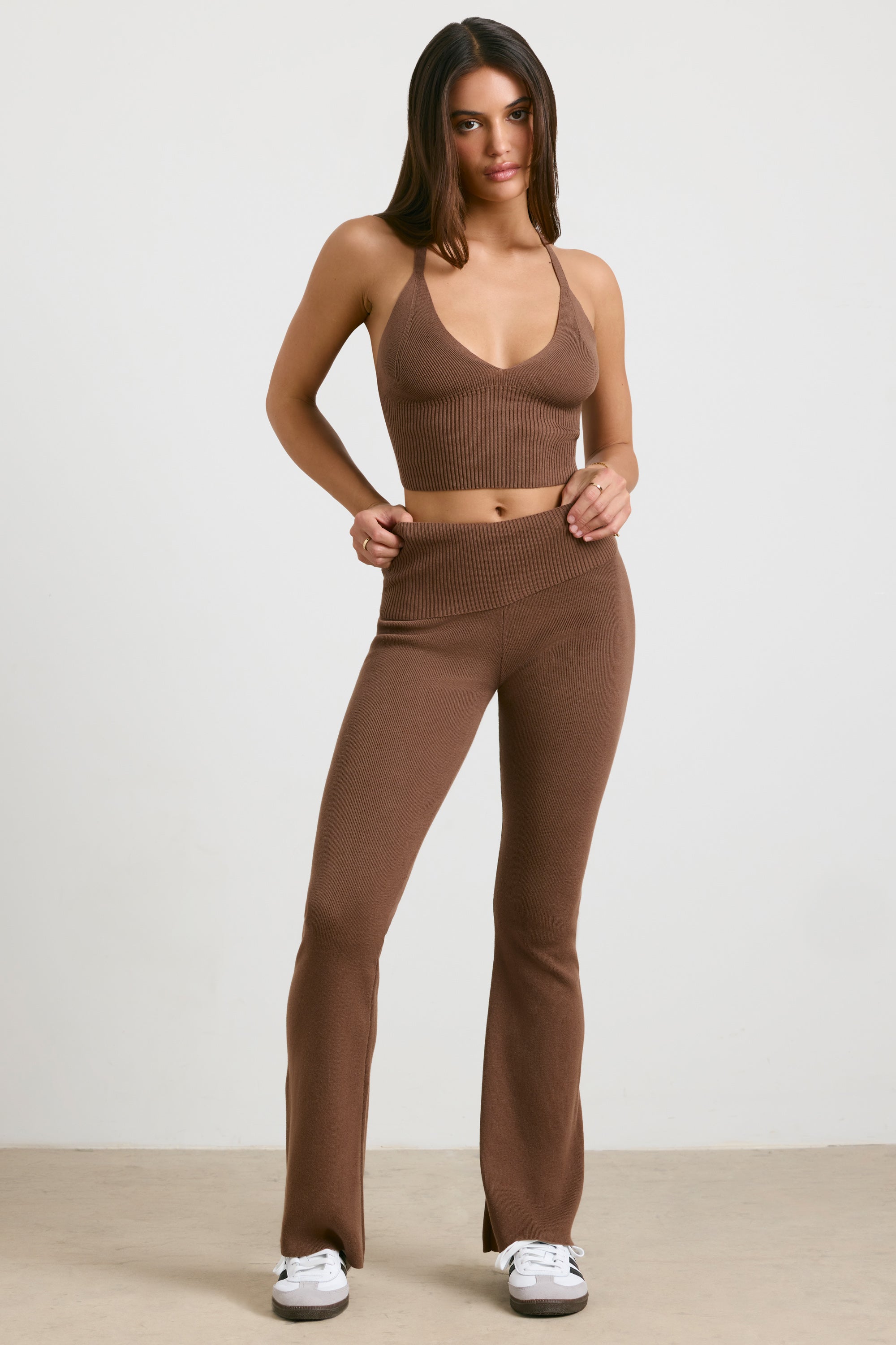 Chunky Knit Foldover Kick Flare Trousers in Coco